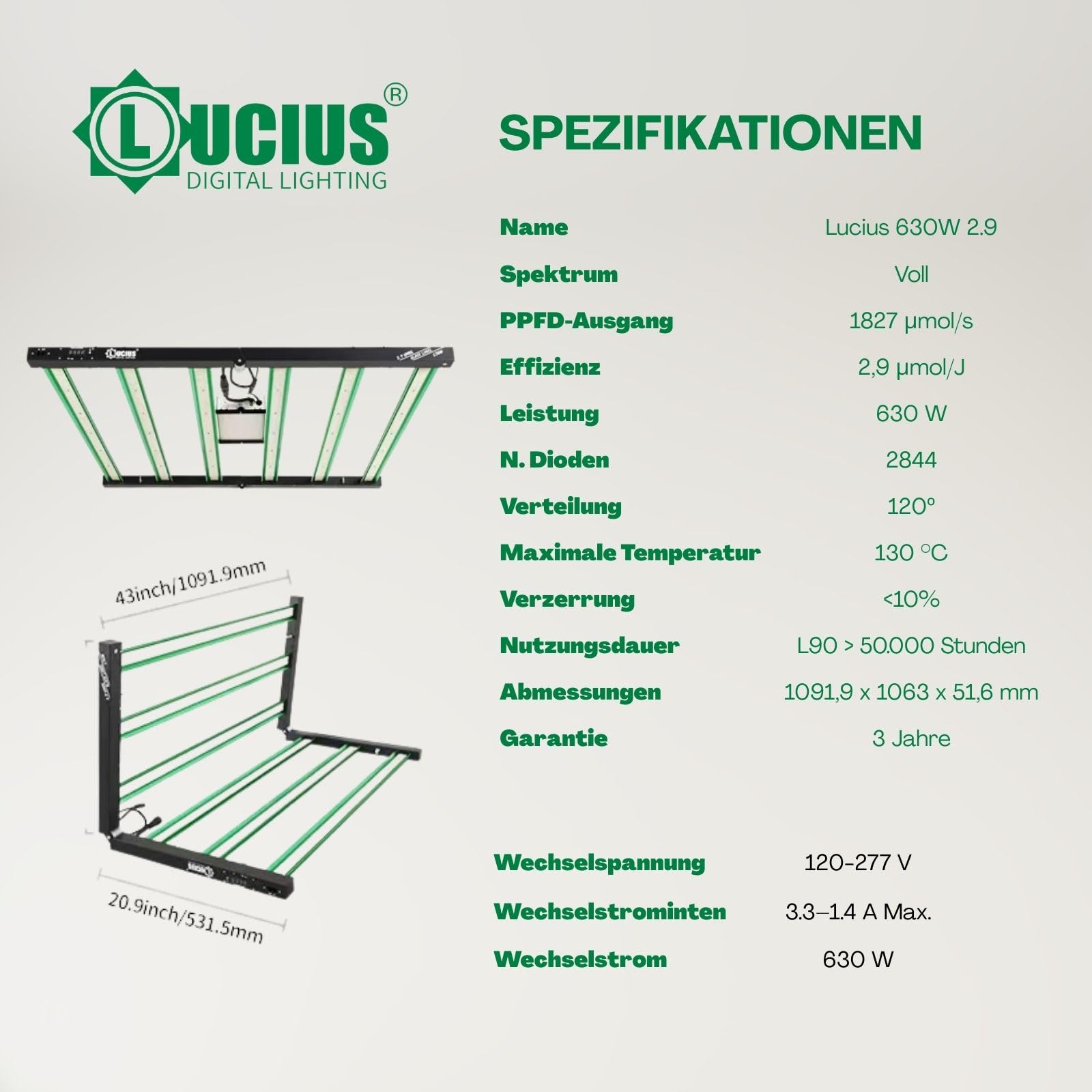 LUCIUS - Lámpara LED de 630W 2.9 Master Control - Cultivo espectro completo Crecimiento/Floración, UV IR, Función Anochecer/Amanecer, Regulable, Invernaderos y plantas interior, hortalizas y flores