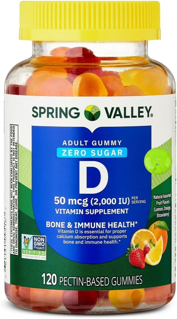 SUREFECT Spring Valley Zero Sugar Vitamin D 50 mcg (2000 IU) Gummies, Bone & Immune Support - 120 Count Organizer