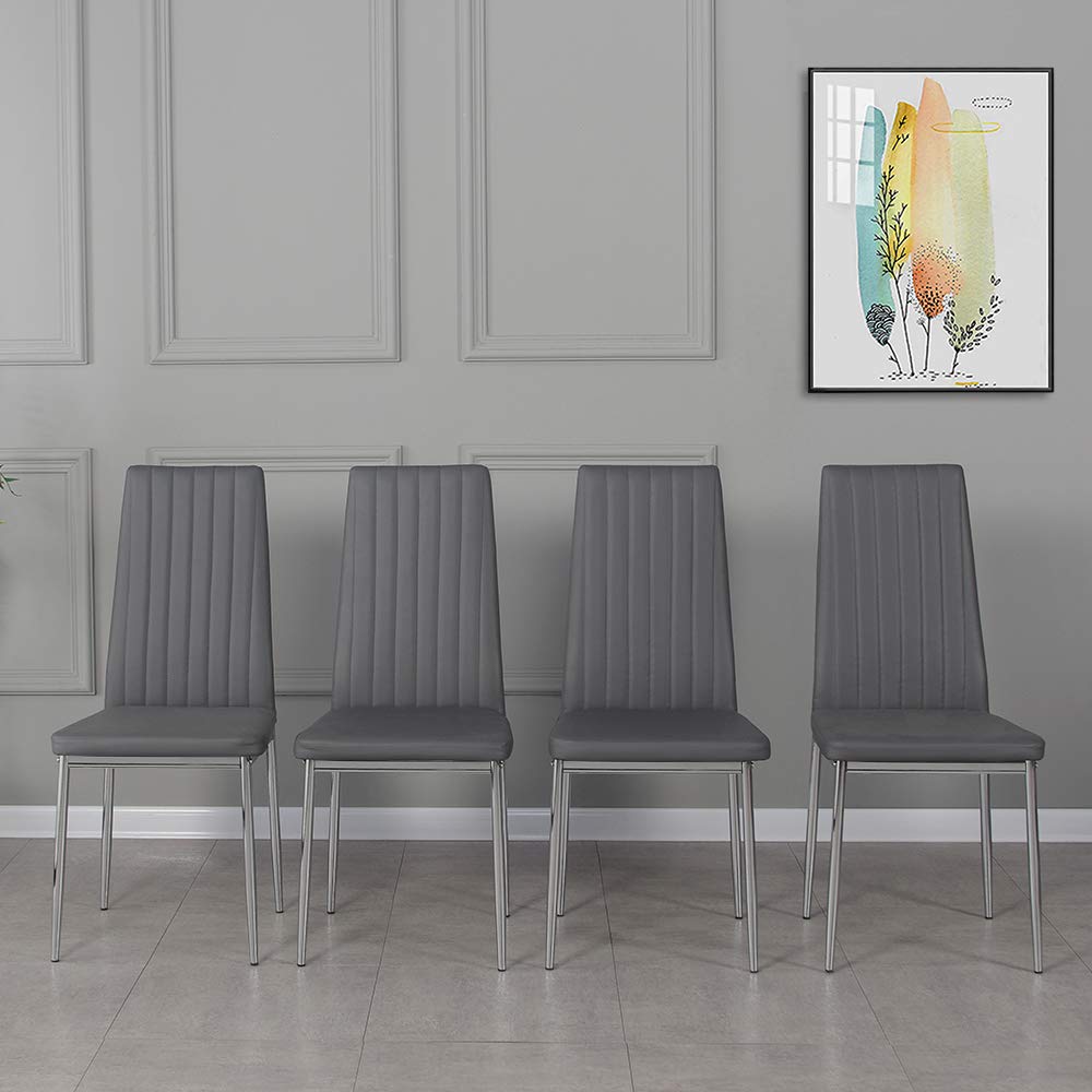 Panana 4PCS Faux Leather Stylish High Back Dining Chairs Set Metal Leg Padded Seat Kitchen Chair (Grey)