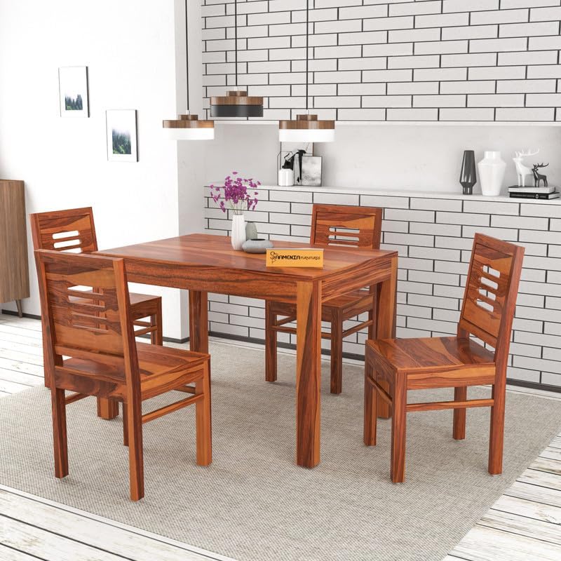 Image of Solid Sheesham Wood Dining Room Sets 4 Seater Dining Table with 4 Chairs for Dining Room, Living Room, Kitchen, Hotel, Restaurant, Cafeteria (Honey)