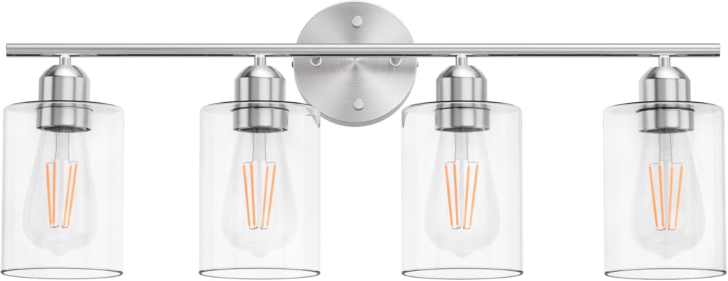 Bathroom Vanity Light Fixtures Brushed Nickel,4 Lights Rustic Farmhouse Vanity Bar Lighting Over Mirror Modern Industrial Wall Sconces Lamp with Cylinder Glass Shade