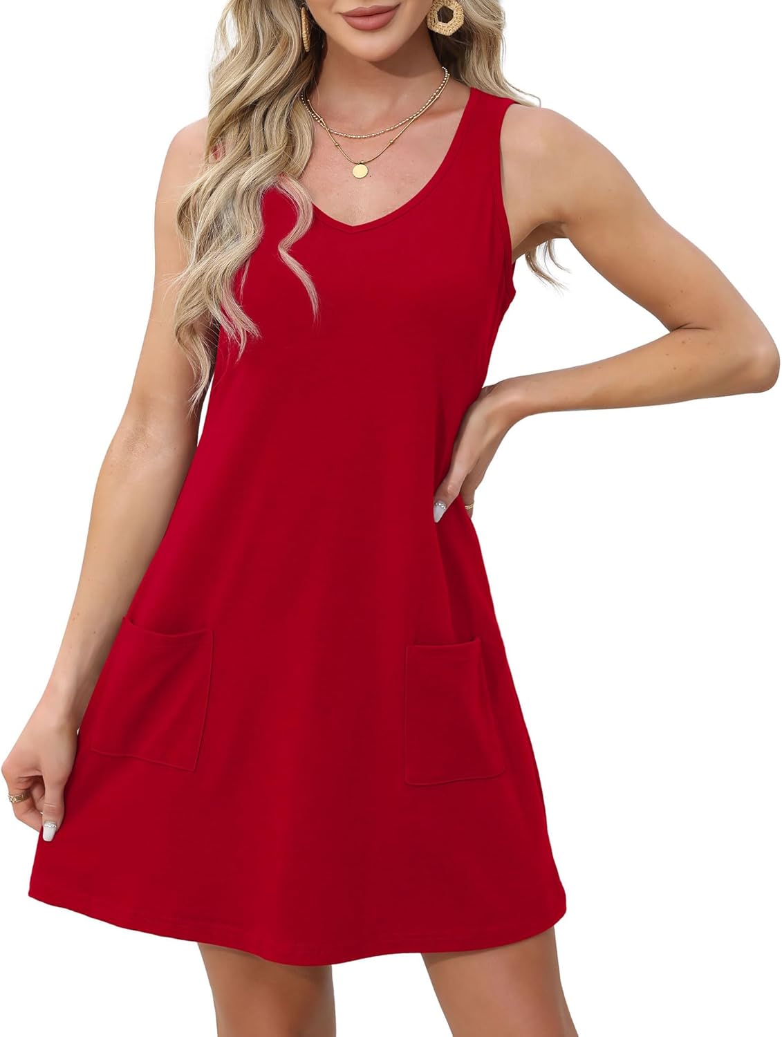 OFEEFAN Womens Summer Dresses 2026 V Neck Sleeveless Sundresses with Pockets Beach Vacation Clothes Floral/Plain - Image 3