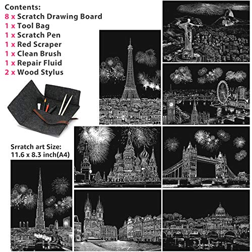 scratch art for adults kids rainbow painting night view scratchboarda4 crafts set 8 sheets scratch cards with 6 tools in bag - fireworks big ben cristo redentor ferris wheellandmark building