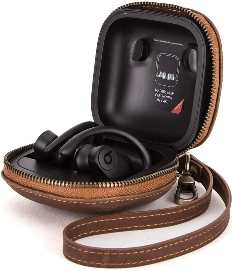 Hiram Men's Leather Travel Case for Powerbeats Pro(Brown)