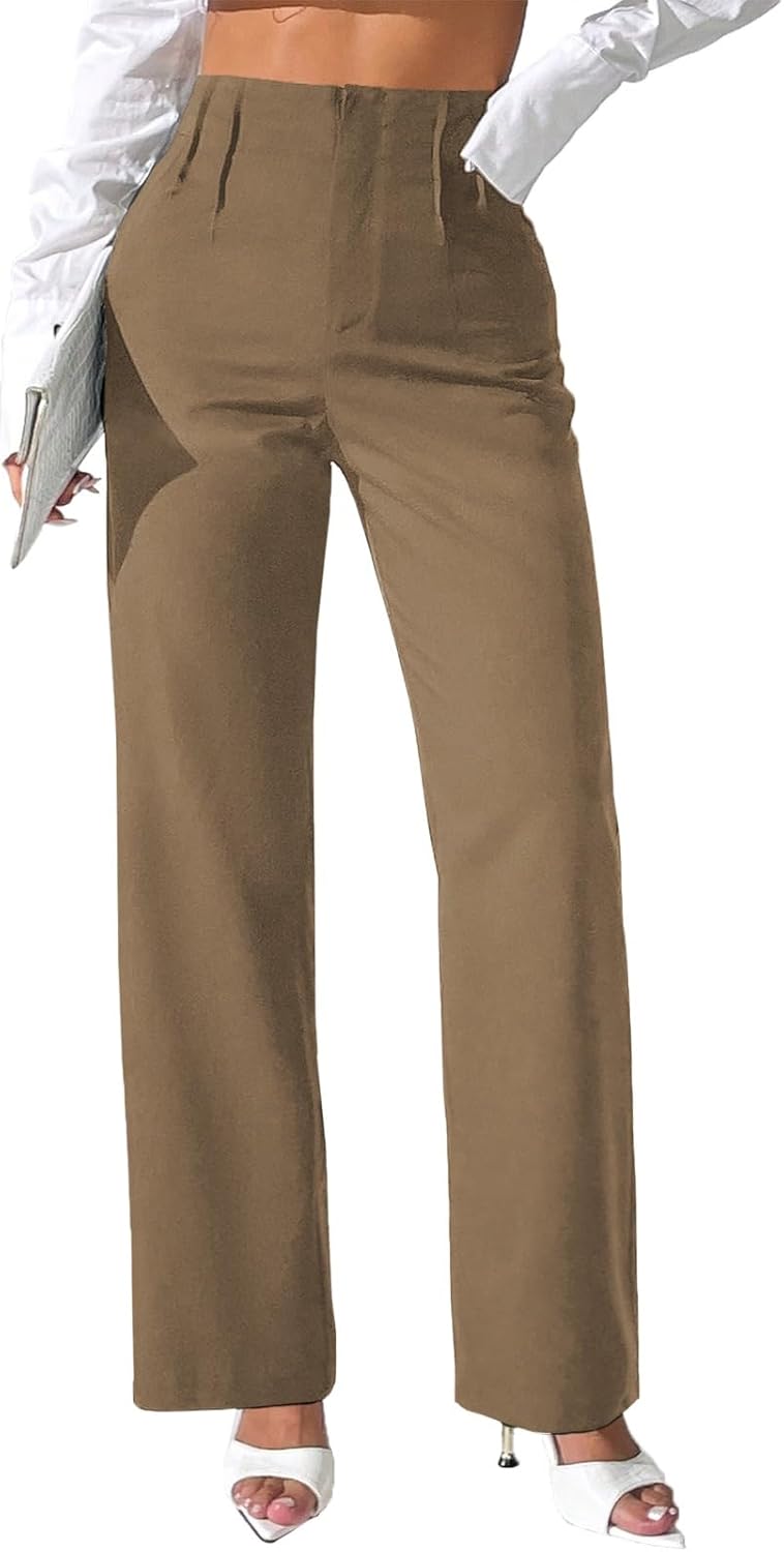 Pink Queen Women's Dress Pants Elastic High Waist Straight Leg Office Slacks Pull On Business Casual Trousers Work Pants