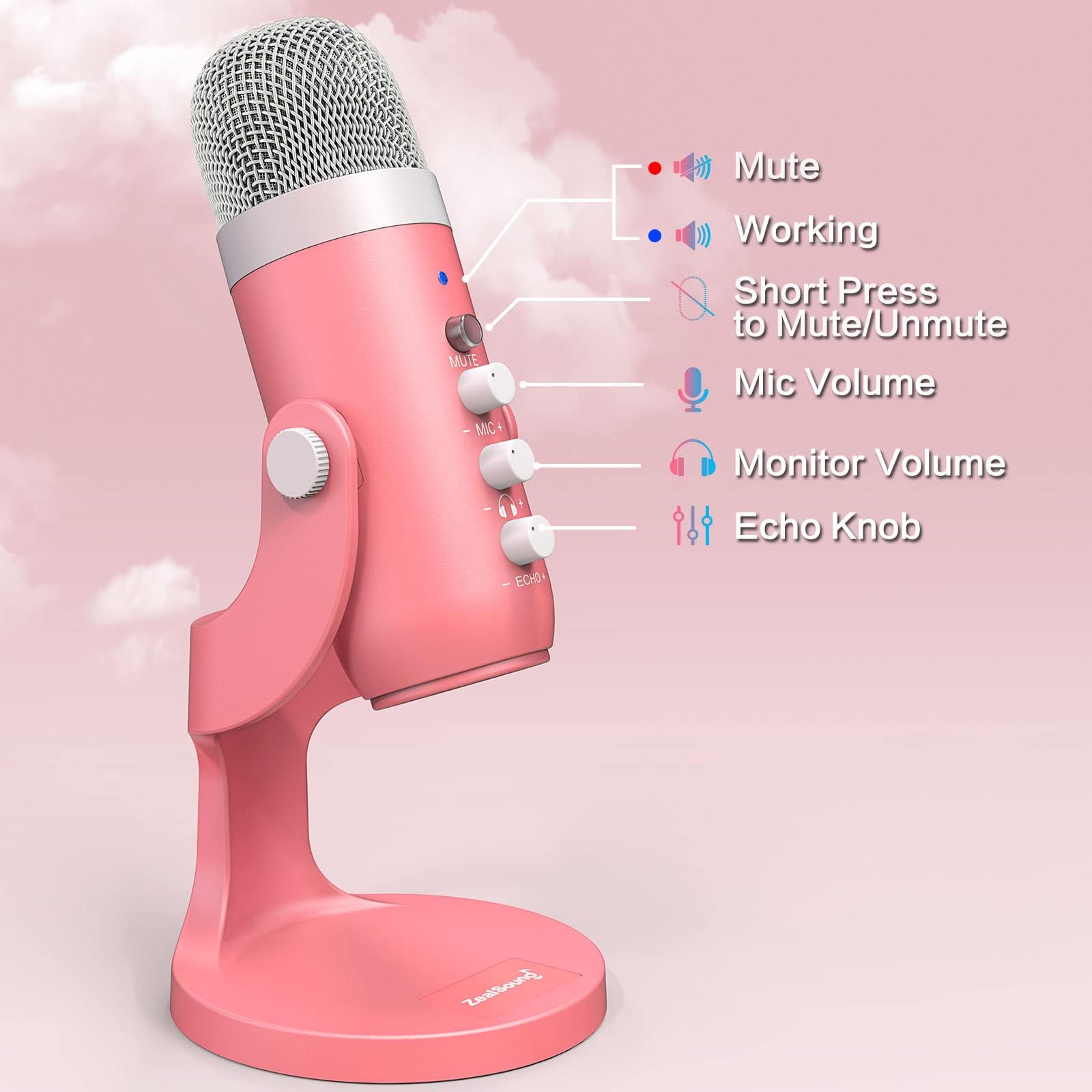 ZealSound USB Microphone,Condenser Computer Mic,Plug&Play Gaming Microphones for PS 4&5.Headphone Output&Volume Control,Mic Gain Control,Mute Button,YouTube Podcast on Mac&Windows Pearlescent Pink