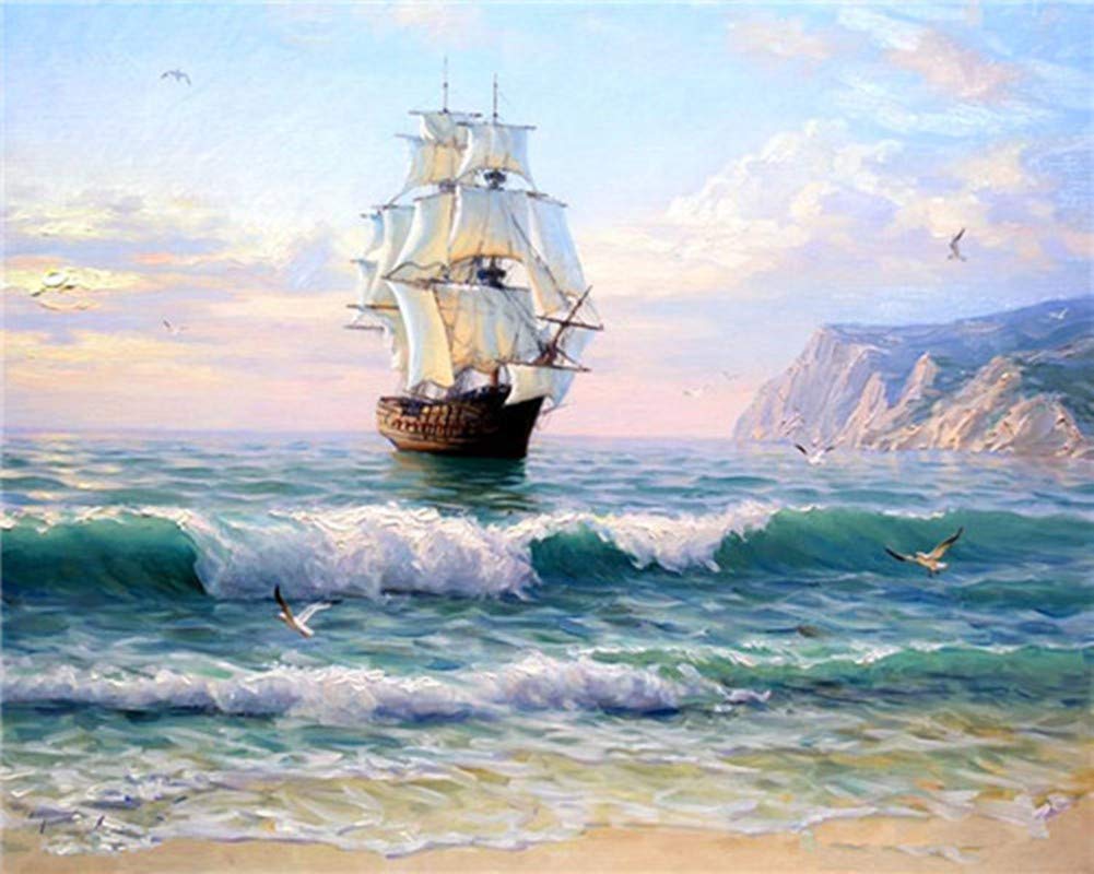WOWDECOR Malen Nach Zahlen „Blaues Meer Mit Boot“ – 40x50 Cm, Leinwand Mit Rahmen, Für Erwachsene