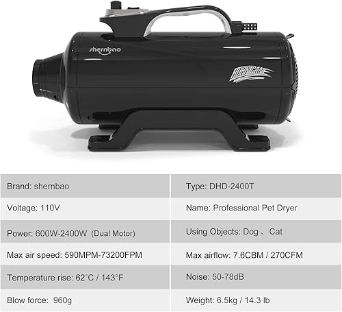 Miniatura 6 de Secador de perros de alta velocidad profesional para el aseo de mascotas para perros y mascotas, soplador de secado de pelo 6.0HP (DHD-2400T)