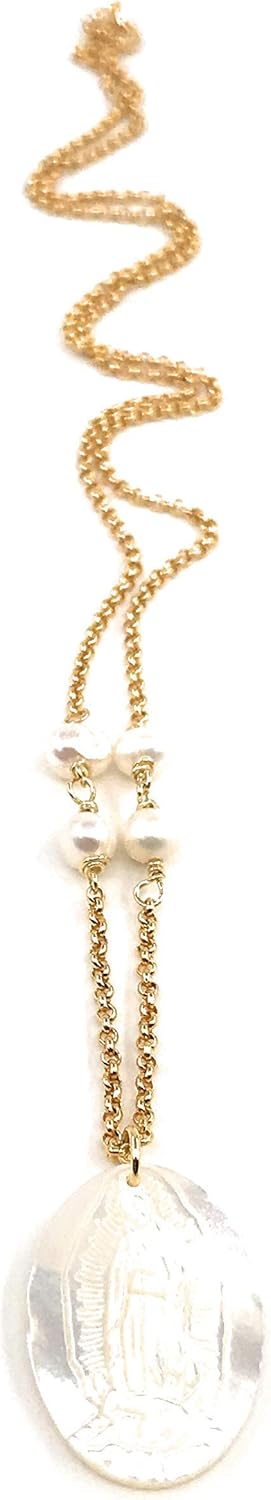 SIFRIMANIA Catholic Religious Necklace with Freshwater Pearls and Mother of Pearl Virgin Mary Pendant - Image 2