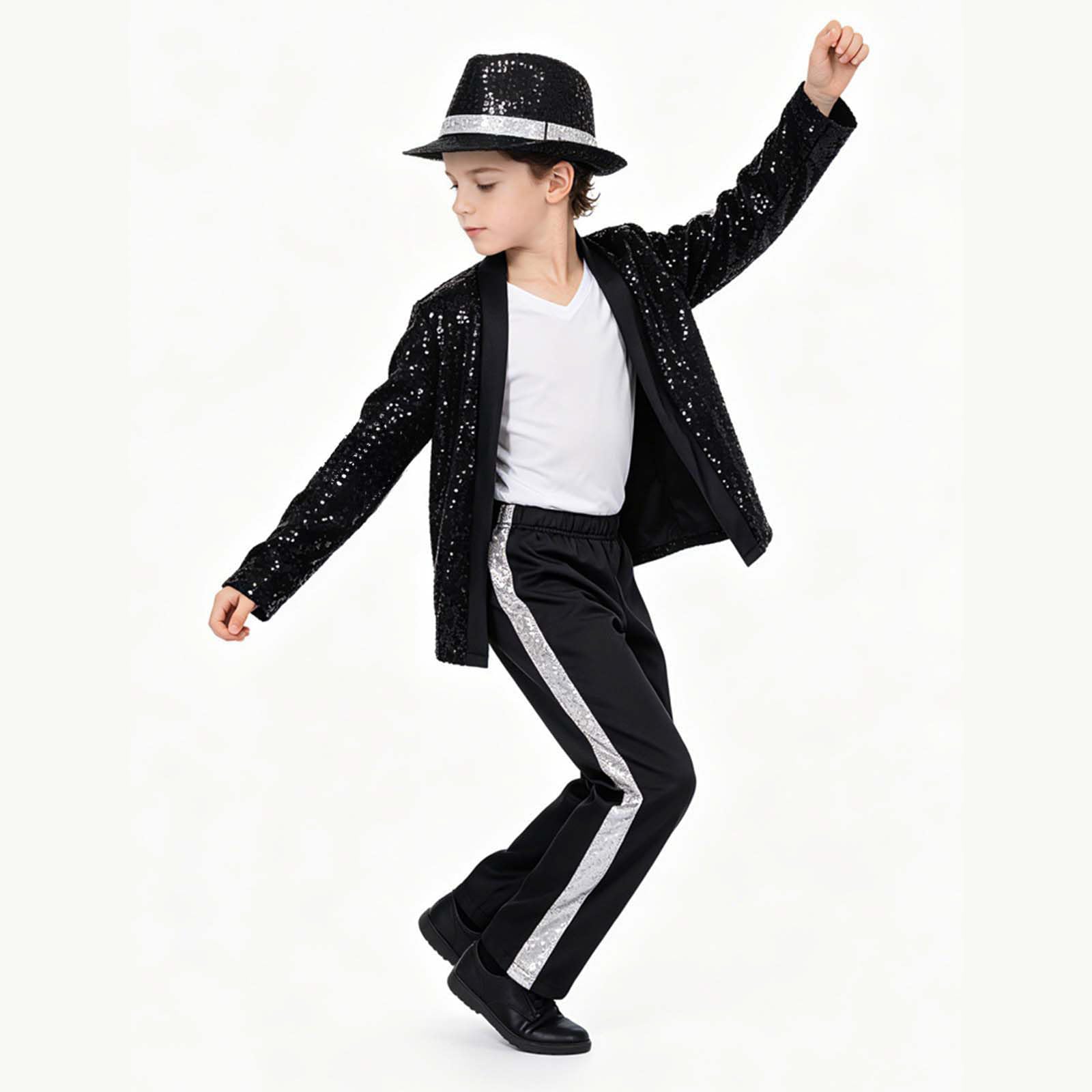 Genérico Traje de Estrella Niño 4 12 Años Conjunto de Baile con Chaqueta Lentejuelas Negra Sombrero y Guantes Estilo Años Disfraz la Música Niño Disfraces Cantante para y Halloween Sombrero Guante