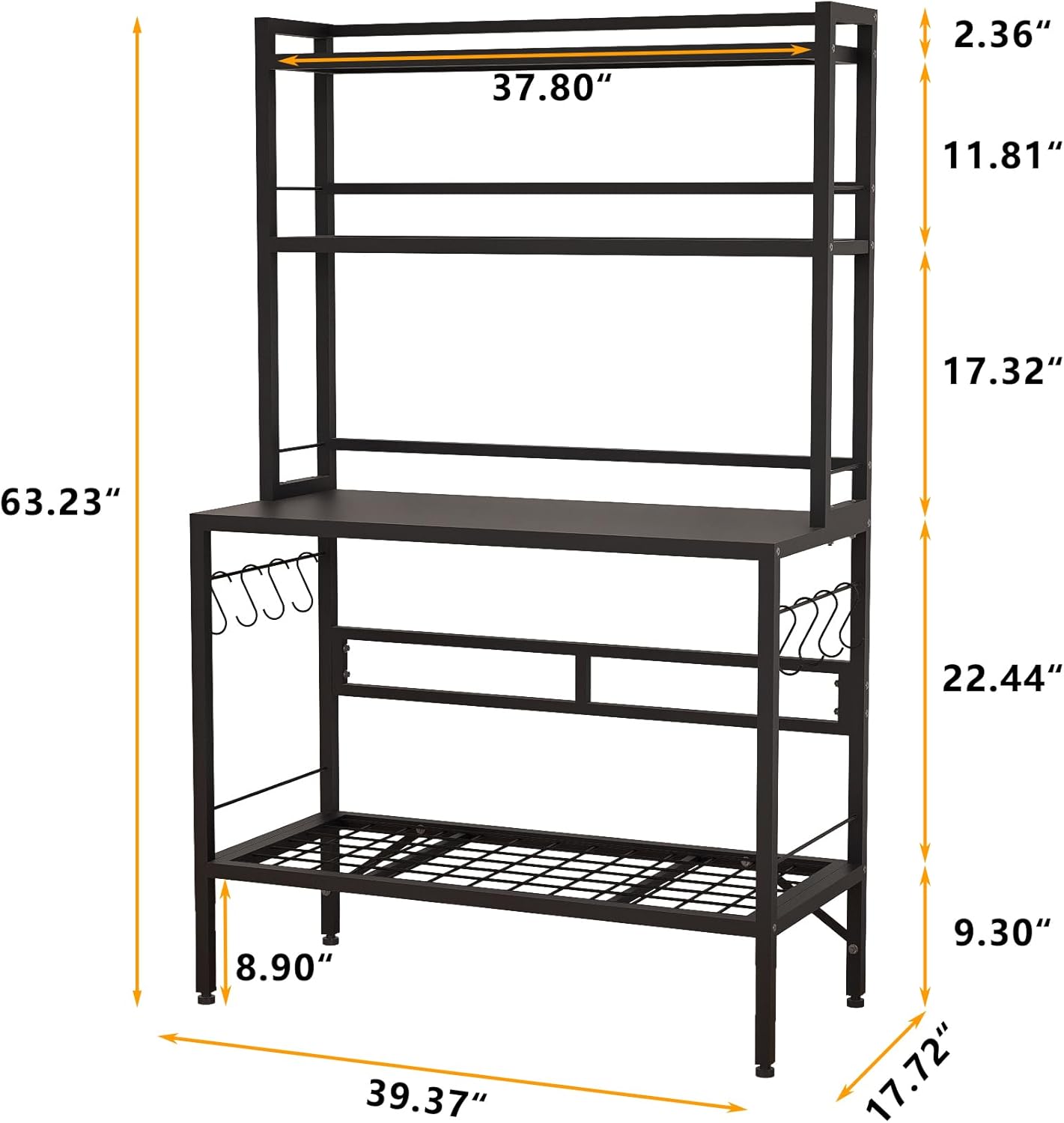 Kitchen Bakers Rack with Open Bottom, 63''H Metal Microwave Stand with 8 Hooks, 4-Tier Heavy Duty Coffee Bar Table with Mesh Shelf, Multi-Purpose Display Rack&Potting Bench Table for Patio