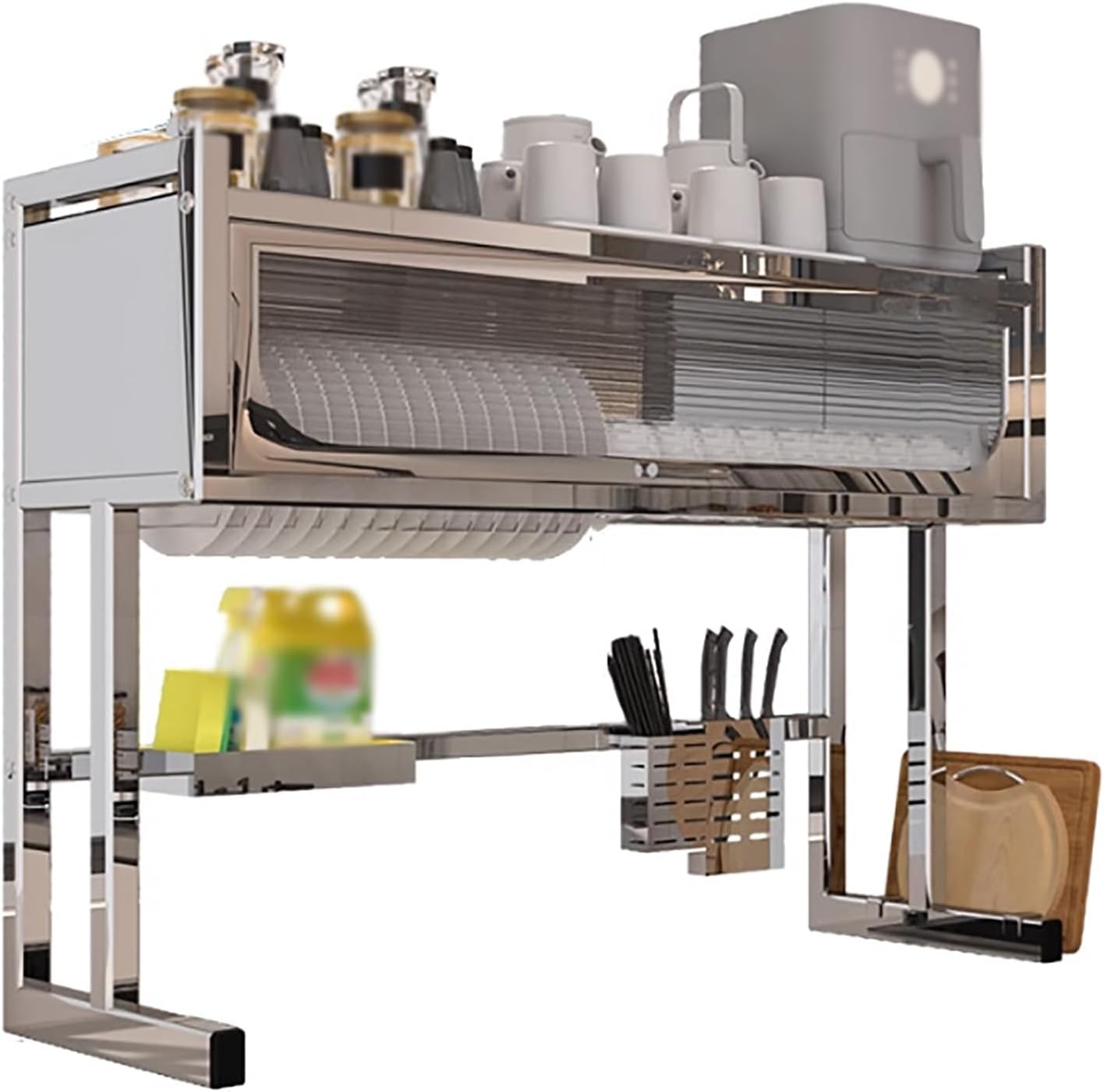 Large Stainless Steel Kitchen Sink Organizer With Cover,over The Sink Dish Drainer Drying Rack With Door,kitchen Countertop Storage Rack For Bowls,dishes,seasonings(95cm/37.4inch, Stainless steel)