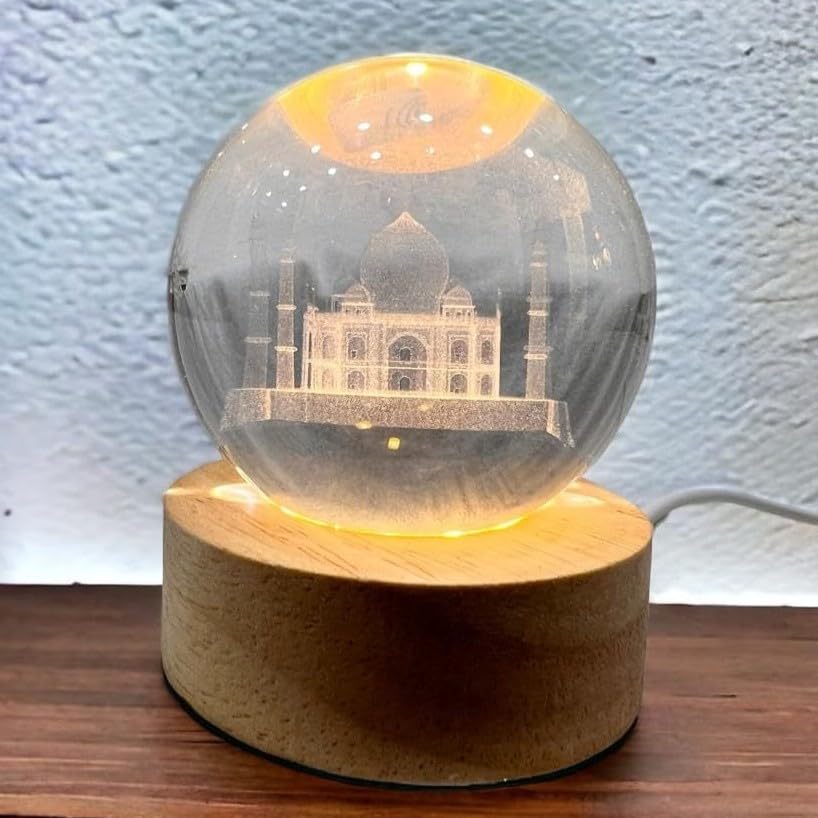 Image of 3D Crystal Ball Night Light with Wooden Base, Aesthetic Clear LED Lamp for Home and Bedroom Touch Switch, Warm Light for Kids and Teens Perfect Birthday & Anniversary (Taj Mahal)