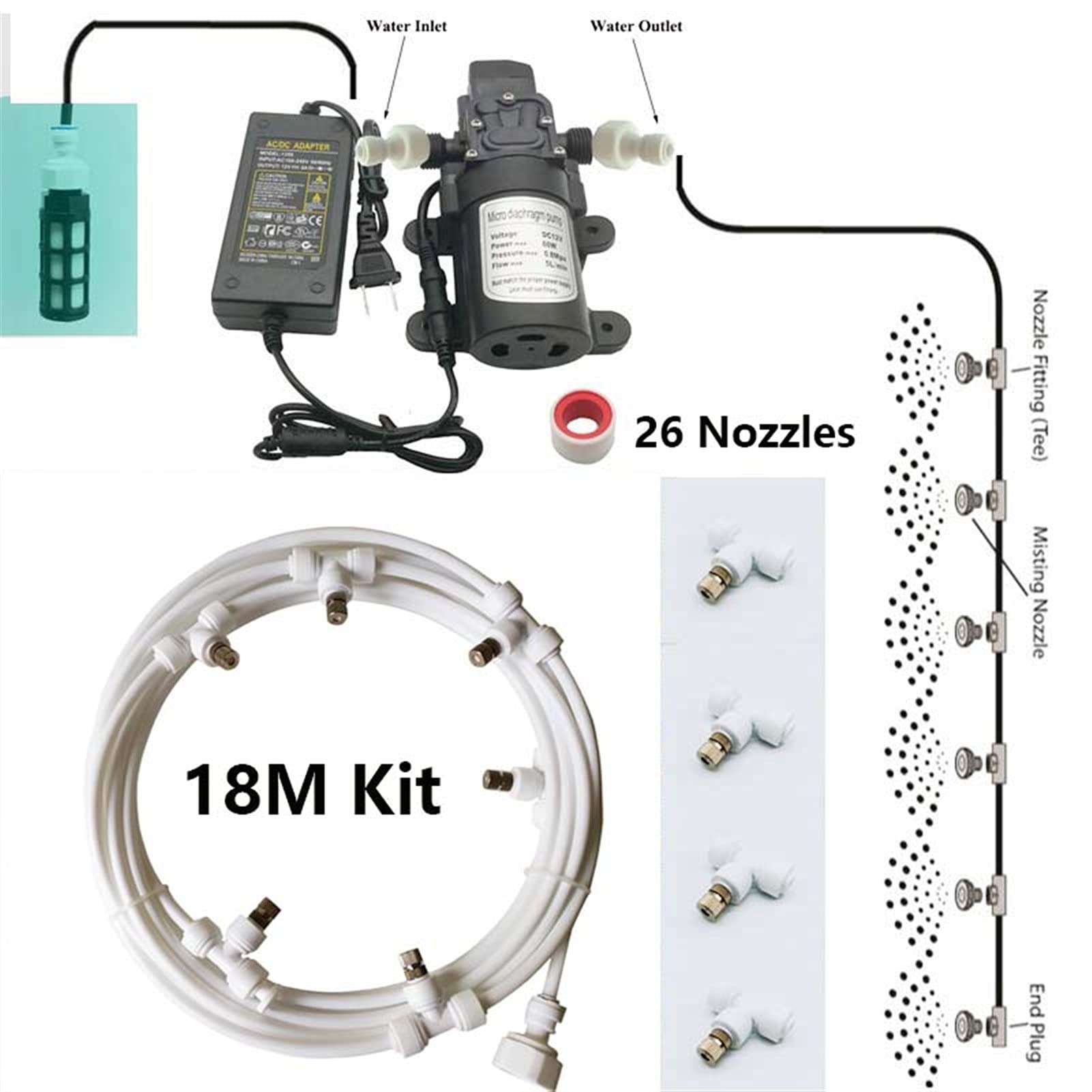 Kit de Sistema de Enfriamiento por Nebulización con Bomba, Sistema de Nebulizacion para Exteriores Terrazas Jardín Patio, Kits de Riego por Goteo para Césped, Flor, Invernadero (Size : 18m/59ft)