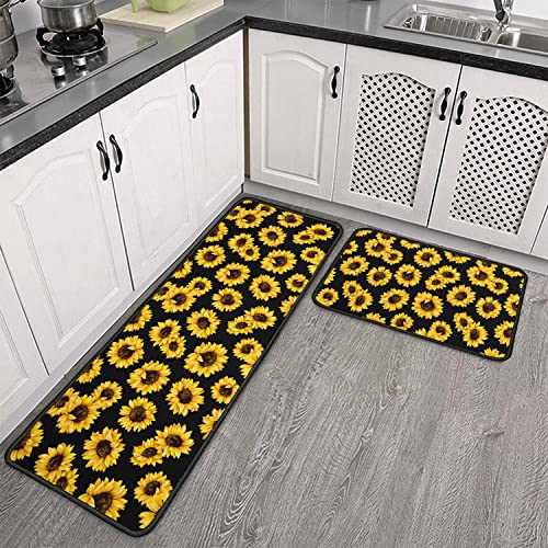 Roszwtit Sunflower Kitchen Rugs And Mats Set Of 2, Black Sunflowers Non-Slip Backing Kitchen Rug, Kitchen Sets Low-Profile Washable Floor Mat For Home Kitchen Decor - 17X29 And 17X47 Inch #TOP13