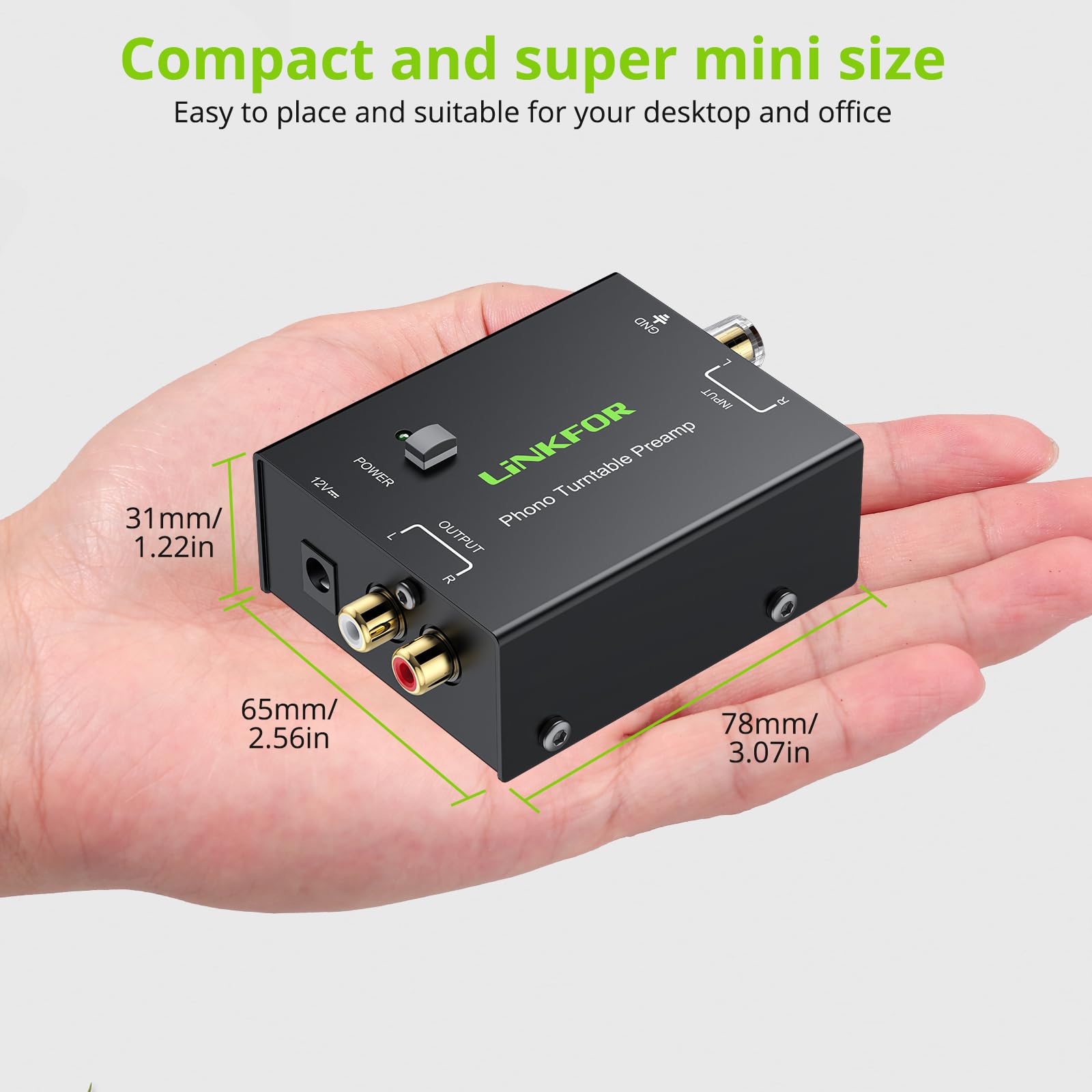 LiNKFOR Preamp de Fono pp900 Ultracompacto Preamplificador de Tocadiscos Bajo Ruido con Entradas y Salidas RCA, Adaptador de Corriente 12V/1A Mini Preamp de Fono para Tocadiscos
