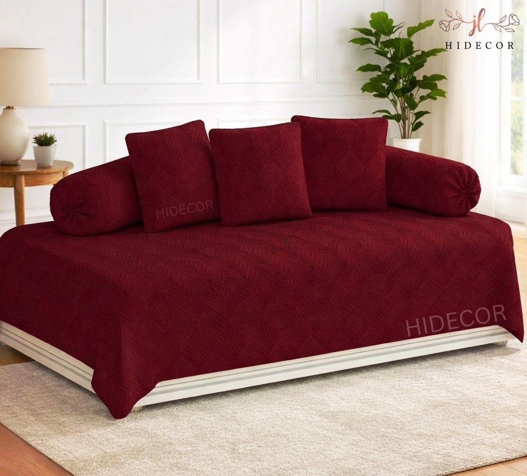 HIDECOR Super Soft Glace Cotton Emboss diwan Set for Living Room, diwan Set Covers Cotton, diwan Set 6 Pieces One Single Bedsheet with 3 Cushion Cover,2 Bolster (Maroon)-picture-18