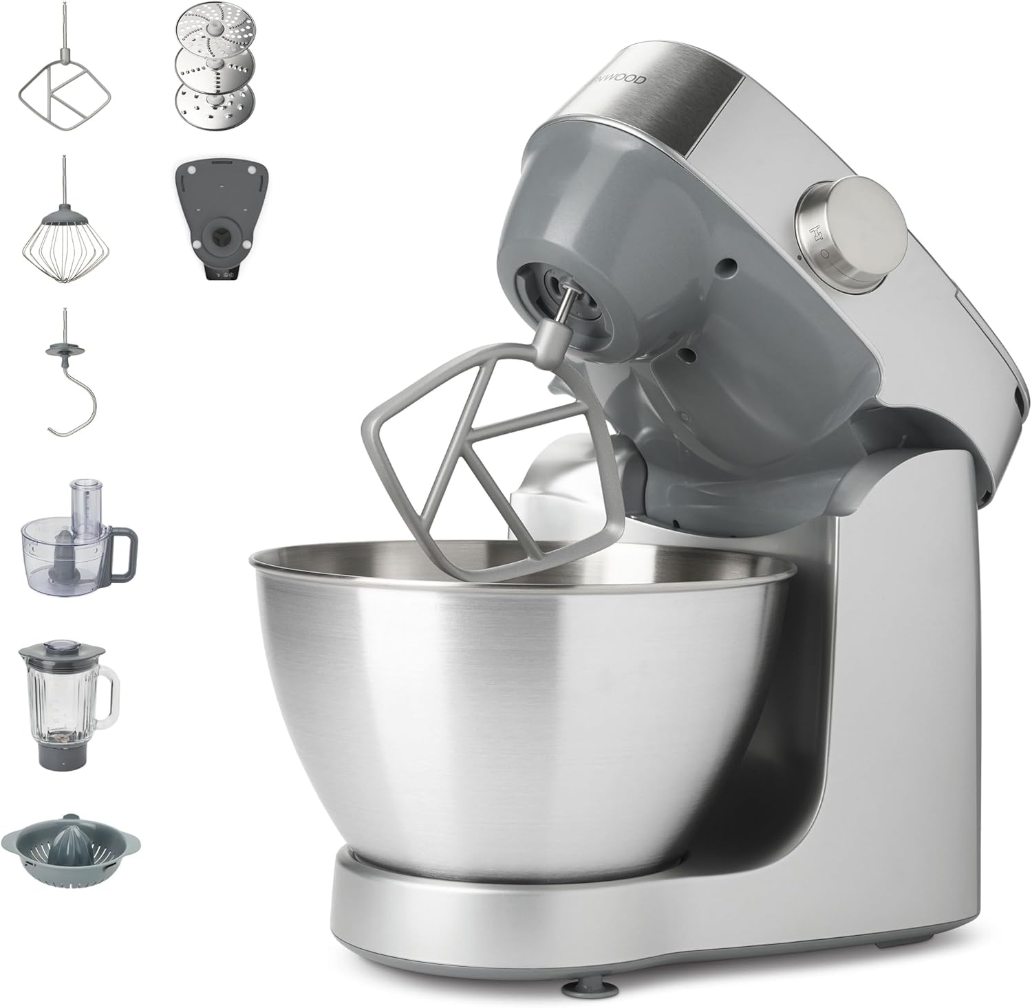 Kenwood Prospero+ KHC29A.O0SI Robot de Cuisine, Bol en Inox 4,3 L, avec Batteur K, Crochet et Fouet, Mixeur en Verre, Robot Culinaire 3 Disques, Presse Agrumes et Balance