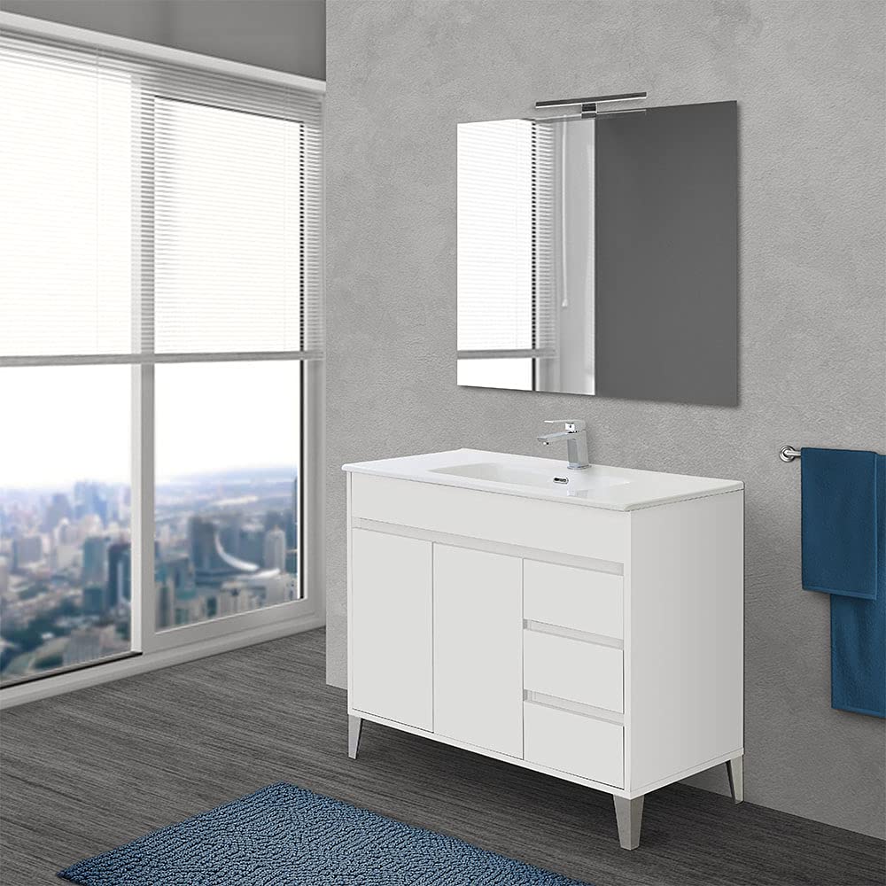 Inbagno Mobile Bagno a Terra 100 cm, Linea Way 3 cassetti + 2 Ante, Completo di lavabo e Specchio (Bianco Lucido)