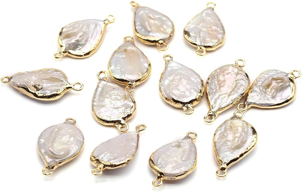 QSLLER 10Pcs Natural Pearl Pendant Connectors Irregular Shape Pearl Charm Links with Gold Edge Wrapped for Jewelry Making DIY Dangle Finding Handmade Accessories Decoration Supplies