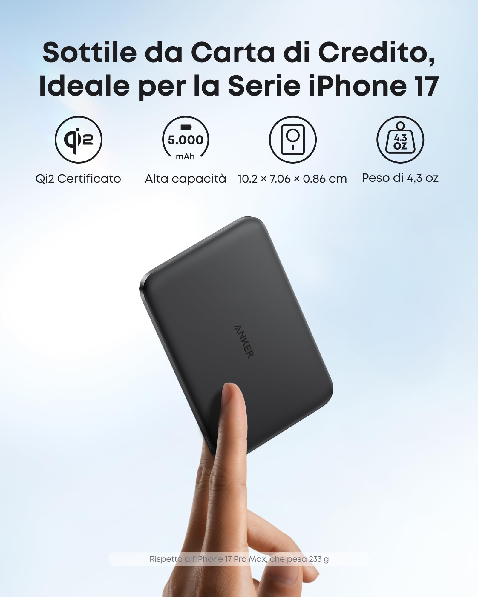 Anker Nano Power Bank Magsafe 5000 mAh, Certificato Qi2 da 15W Batteria Magnetica Ultra Sottile, Caricabatterie Portatile Ultra Veloce, Design Ergonomico, Solo per iPhone 17 Pro Max Air/Serie 16-12