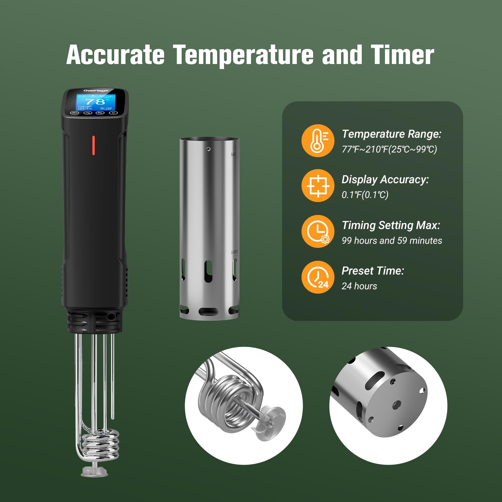 2,4 g Wifi Sous Vide Cooker CharMeter Sous Vide Machine CSV-100-W, 1000 vatios Sous-Vide Cooker Control de aplicación con 14 recetas preestablecidas, función de calibración, calentamiento rápido con