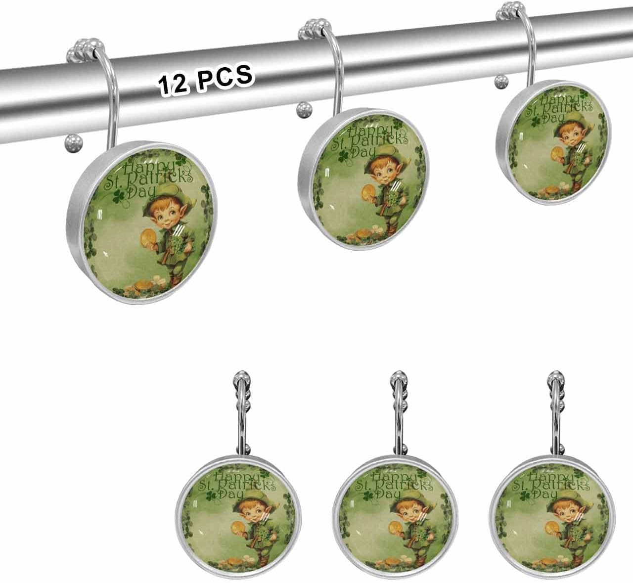 Shower Curtain Hooks 12 Pcs, Happy St. Patrick's Day Retro Elves Coin Clover Linen Green Stainless Steel Rust Proof Rolling Shower Curtain Rings, Decorative Shower Curtain Hooks Hangers for Bathroom