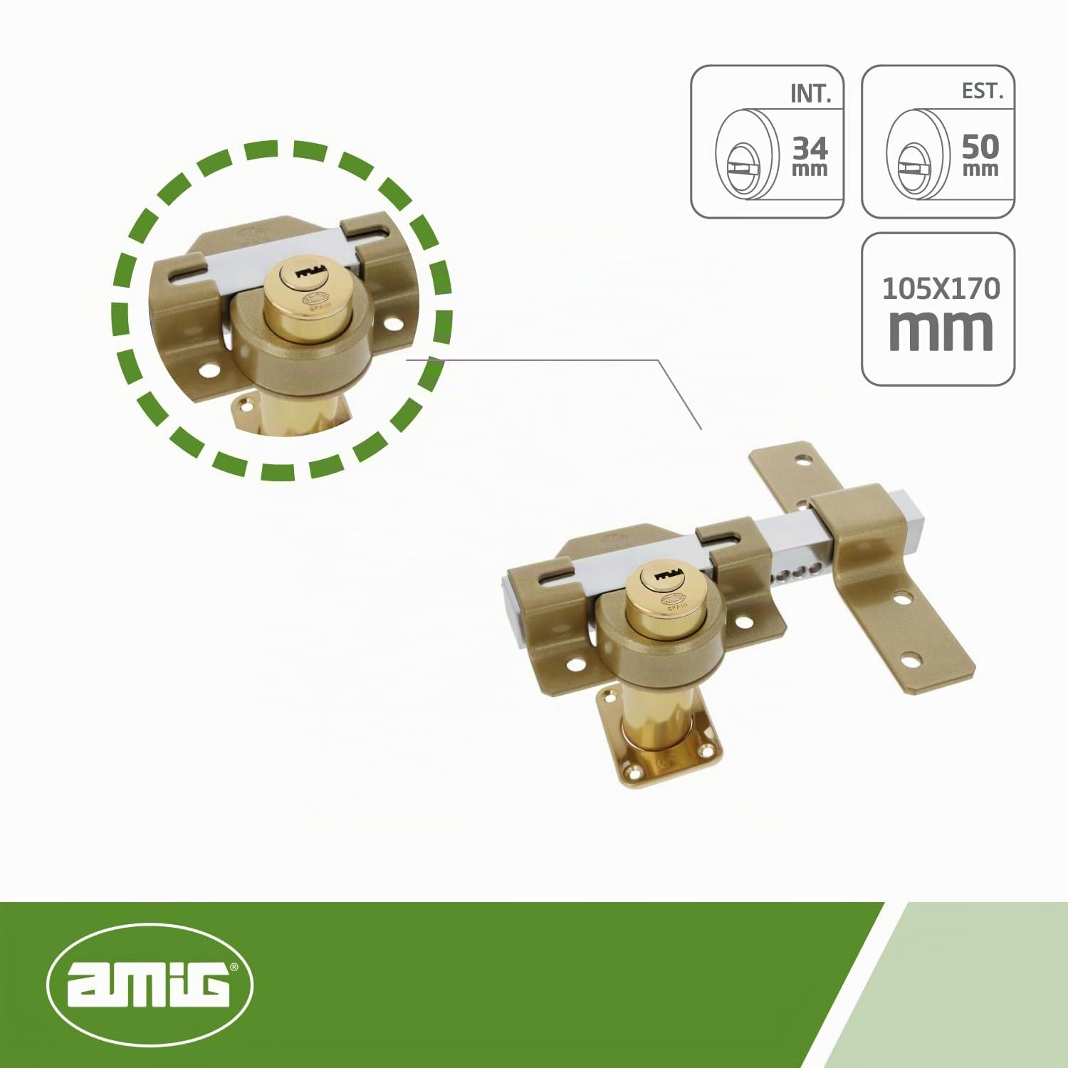 Amig - Chiavistello da sovrapporre con cilindro rotondo interno ed esterno mod. 40-105 x 170 mm - Serratura di sicurezza con chiave - Include 5 chiavi a maglia - Acciaio Martel