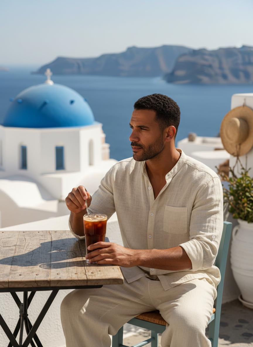 Men's 2 Piece Linen Outfit Breathable Long Sleeve Henley Shirt and Wide Leg Loose Pants Beach Set