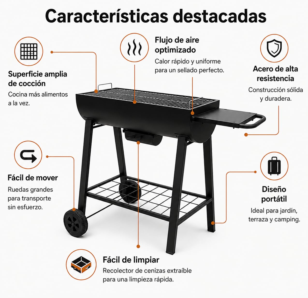 Barbacoa de Carbón con Ruedas y Bandeja Recogecenizas – Parrilla de Acero con Recubrimiento Resistente, Superficie Amplia, Estante Inferior, Mesa Lateral y Patas Antideslizantes para Jardín y Terraza