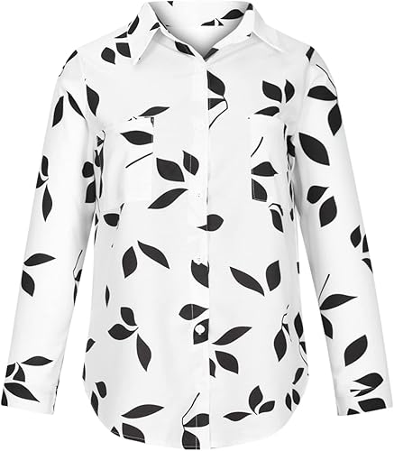 Miniatura 4 de Camisetas de otoño para mujer, estilo casual, con estampado de hojas, manga larga, con solapa, con botones, ajuste holgado