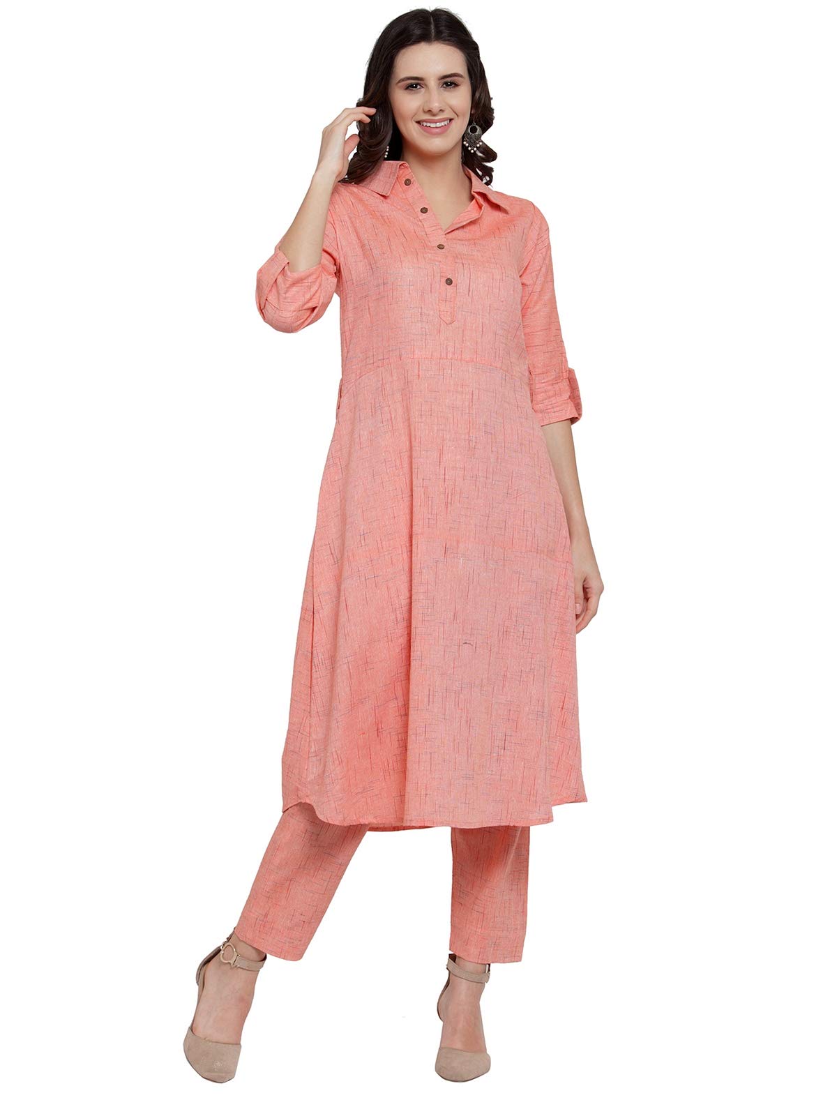 Pink Shirt Collar A-Line Cotton Kurti with Culotte-image-21