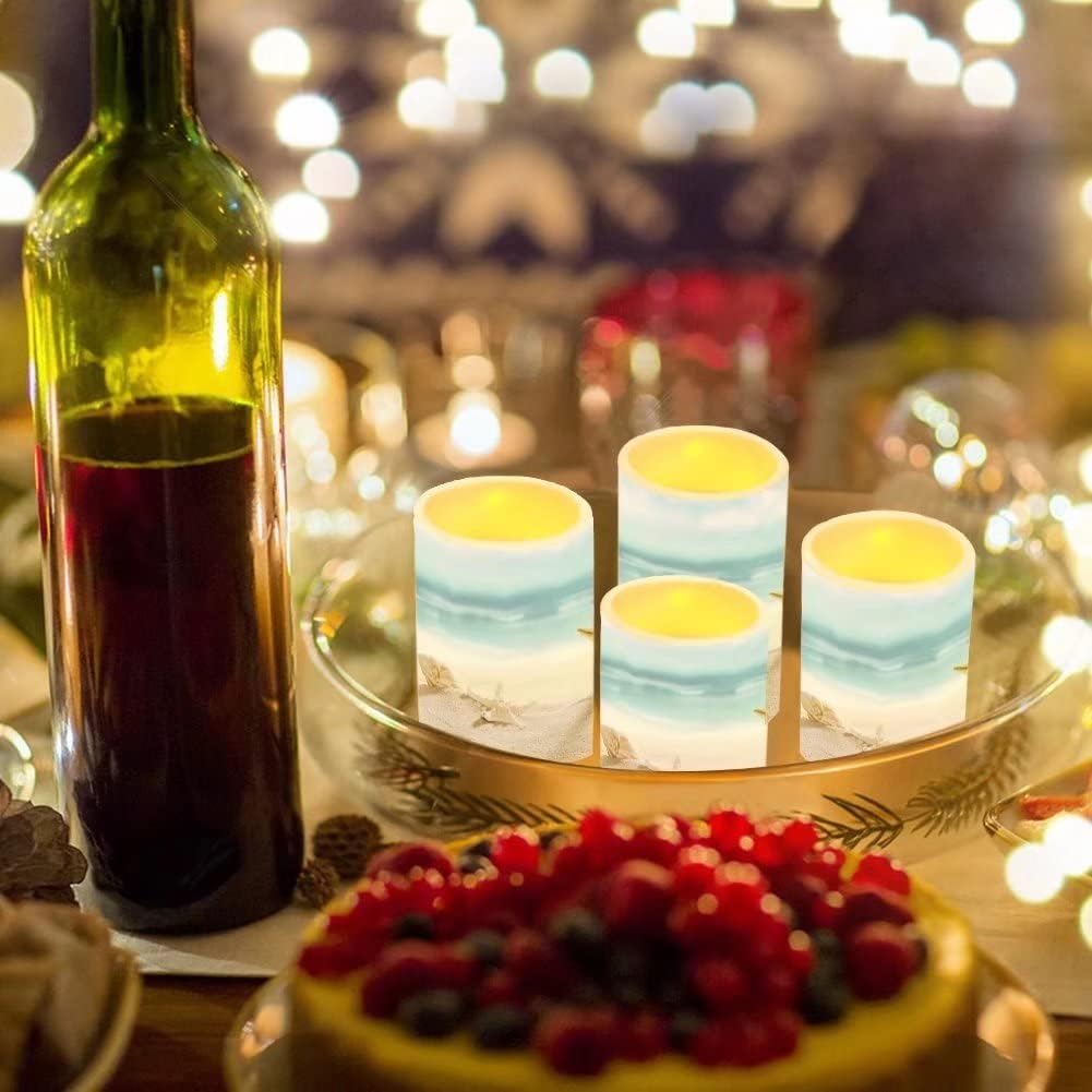 Beach Starfish Seashell Flameless LED Battery Candles 4 Pieces Pillar Fake Candles with Colored Light 4H 8H Timer Remote for Wedding Beach Party Coastal Room Decor