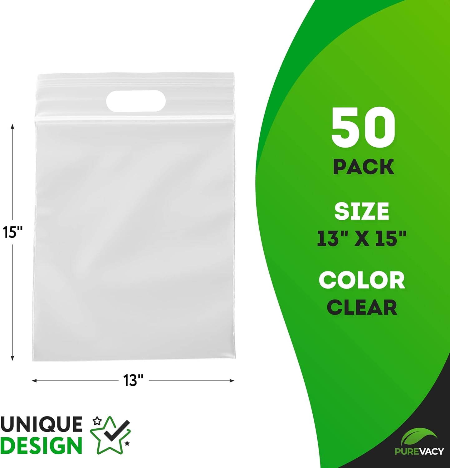 Die Cut Zipper Bags, 13 x 15 Inch + 3-Inch Lip. Pack of 50 Clear Polyethylene Reclosable Zip Bags for Clothes, 3.0 Mil Thick. Reclosable Plastic Baggies. Resealable Pouch with Lock