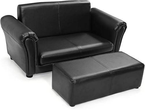 HONEY JOY Sofá para niños, sofá de 2 asientos para niños pequeños, cama con otomana, construcción de madera resistente, sillón tapizado de piel