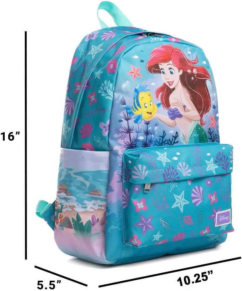 Wondapop Disney Princess Ariel Backpack 16” Girls School Backpack with Laptop Sleeve, Front Pocket & Side Pockets, The Little Mermaid Bookbag for Kids