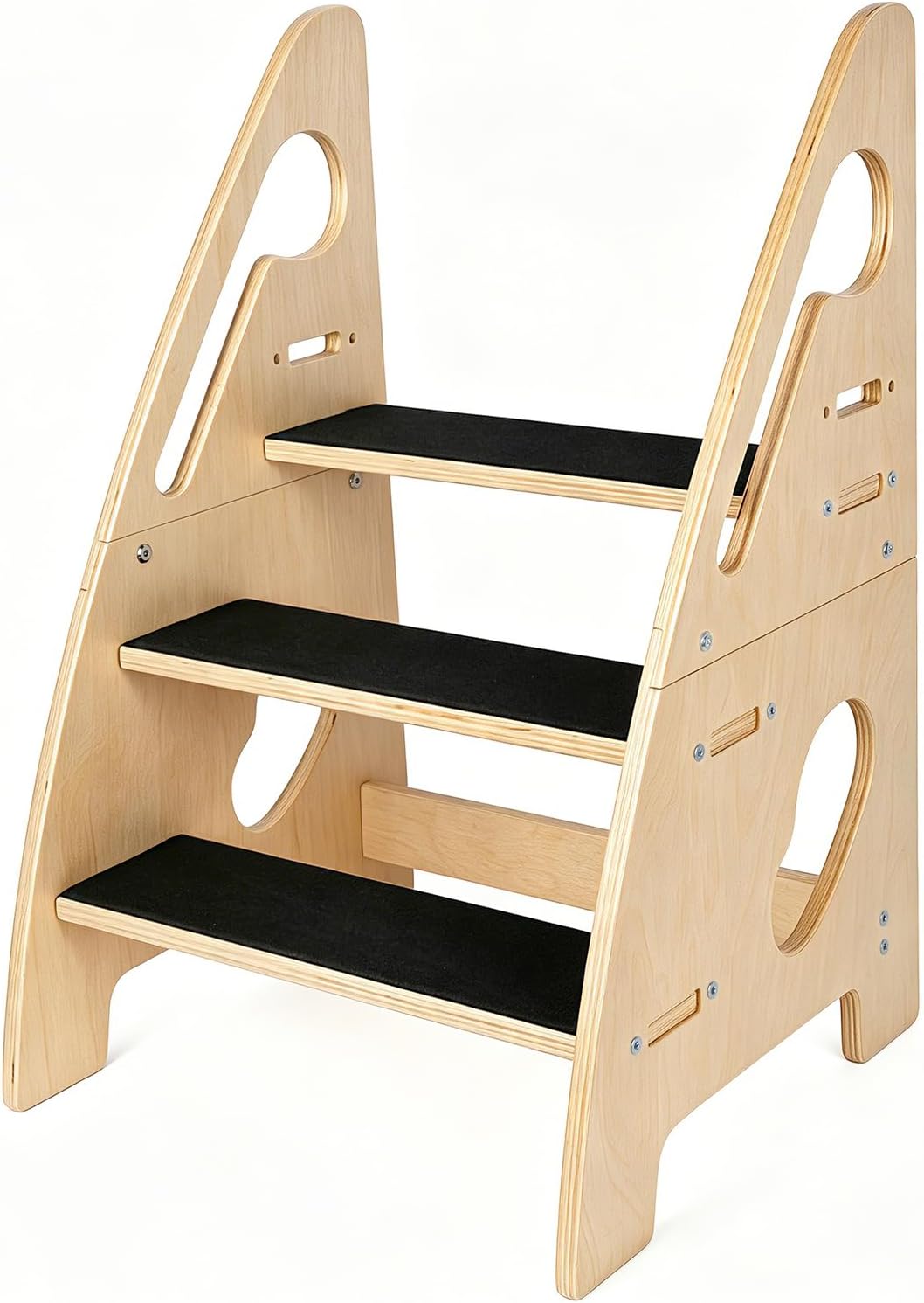 Wooden Toddler Step Stool, Height-Adjustable 3-Step Stool for Kids with Safety Handles & Non-Slip Pads, Multi-Purpose Potty Training Stool for Bathroom Sink, Kitchen Counter & Bedroom