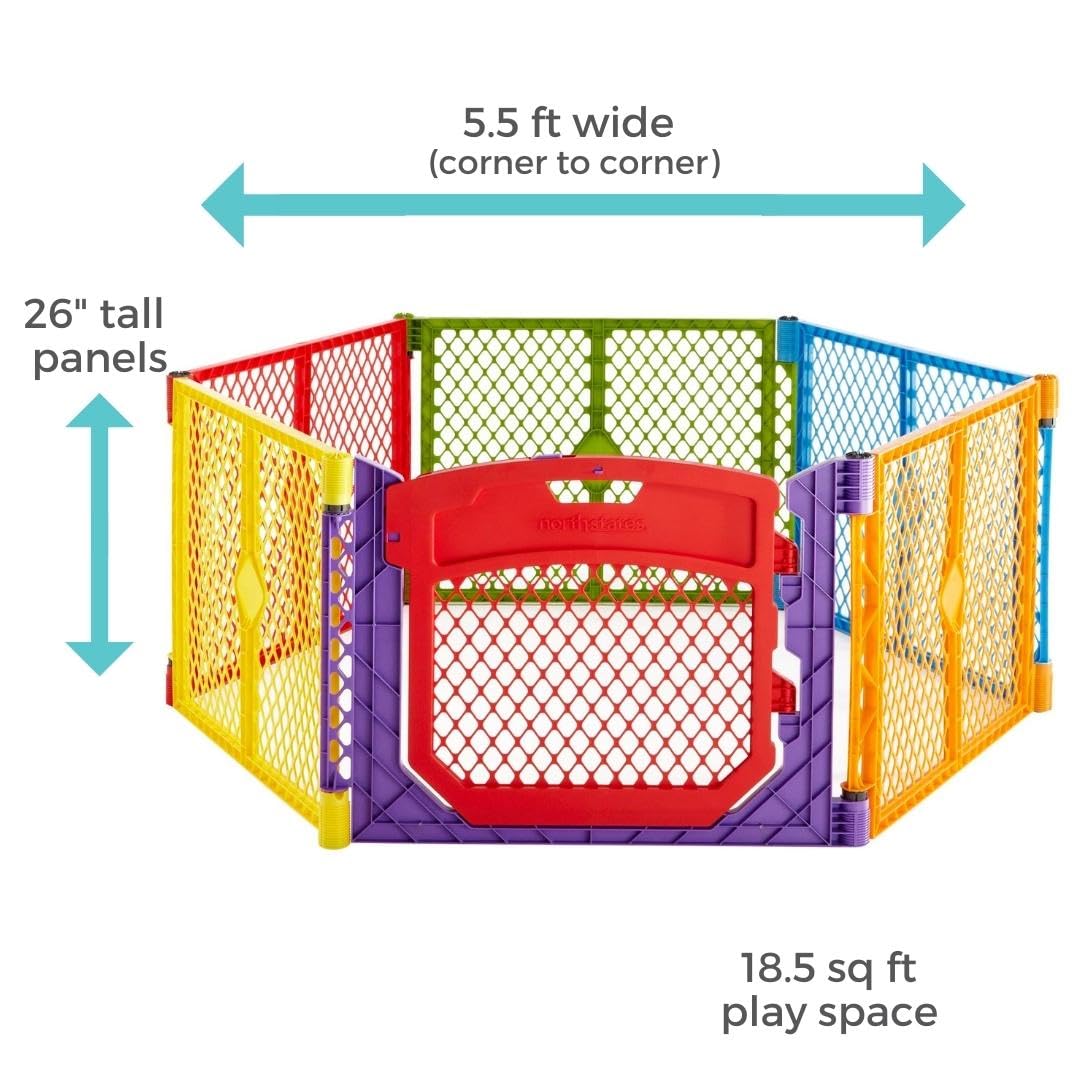 Toddleroo by North States Superyard Colorplay Ultimate 6 Panel Free Standing Play Yard, Indoor Outdoor Baby Playpen, Baby Gate. Made in USA. 5.5 feet corner to corner play pen (26" Tall, Multicolor)