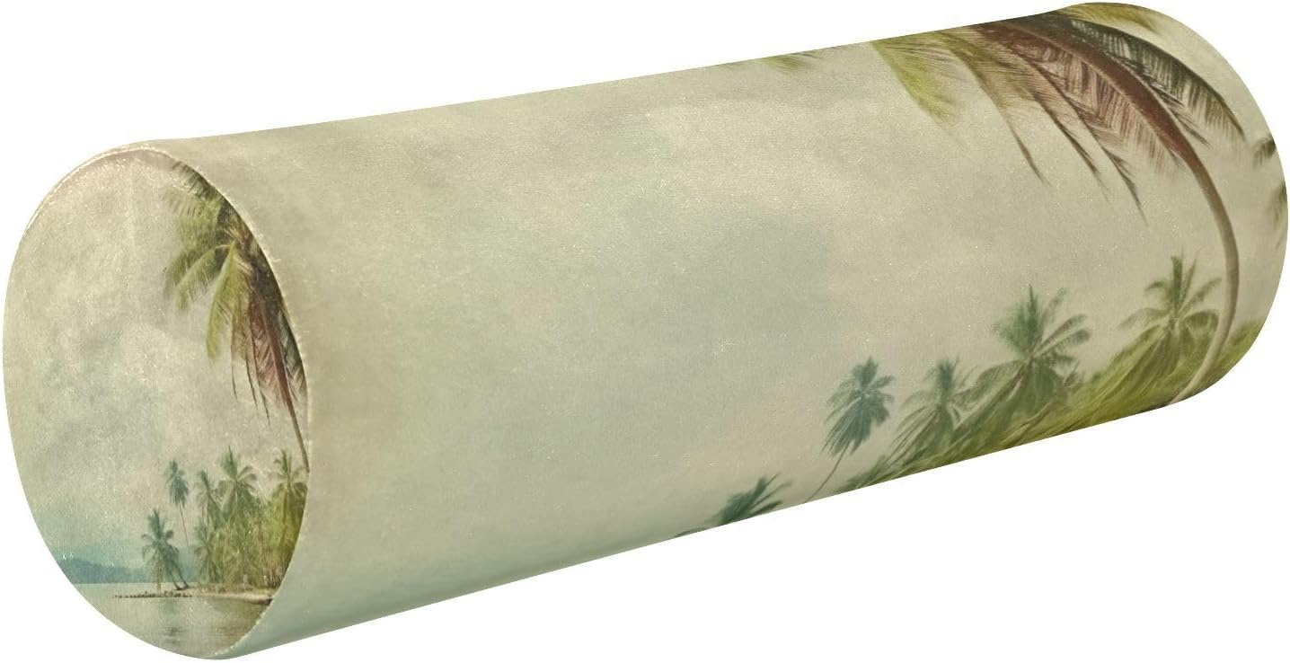 Vintage Palm Tree Neck Roll Pillow - Extra Dense Memory Foam Round Cylinder Bolster for Cervical Support, Spondylosis, Neck Pain Relief