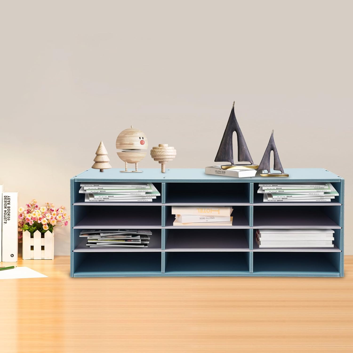 Mail Sorter, 12 Compartments Paper Organizer Storage, Wood Literature Organizer, Mailbox for Classroom, File Sorter for Home Library Office (Blue)