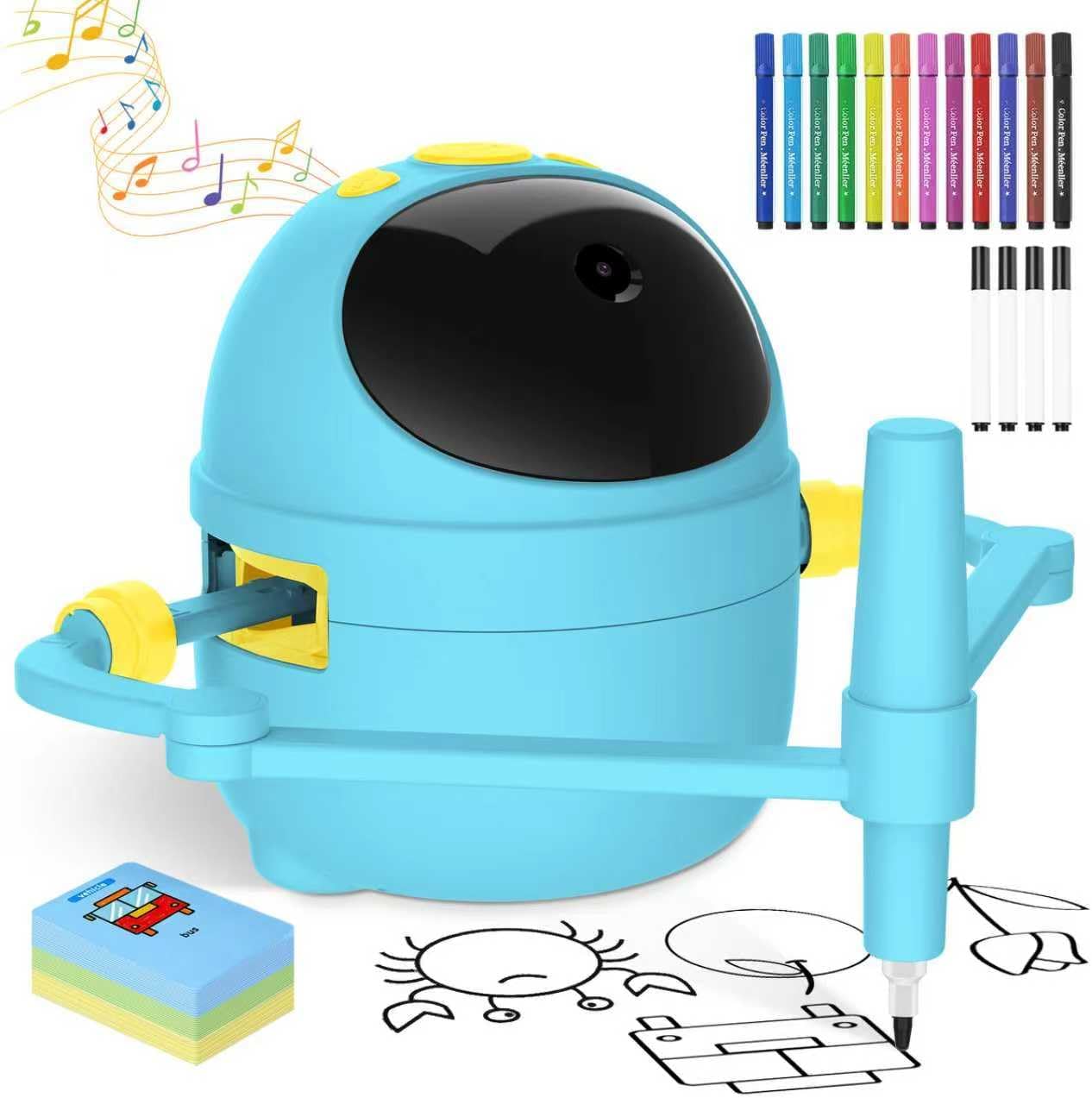 Drawing Robot for Kids with Card-Sensing Camera, 150 Learning Cards and 17 Colored Pens, Smart Painting Art Machine with Voice Guide for Boys Girls, Step-by-Step Auto Drawing for STEM Early Learning