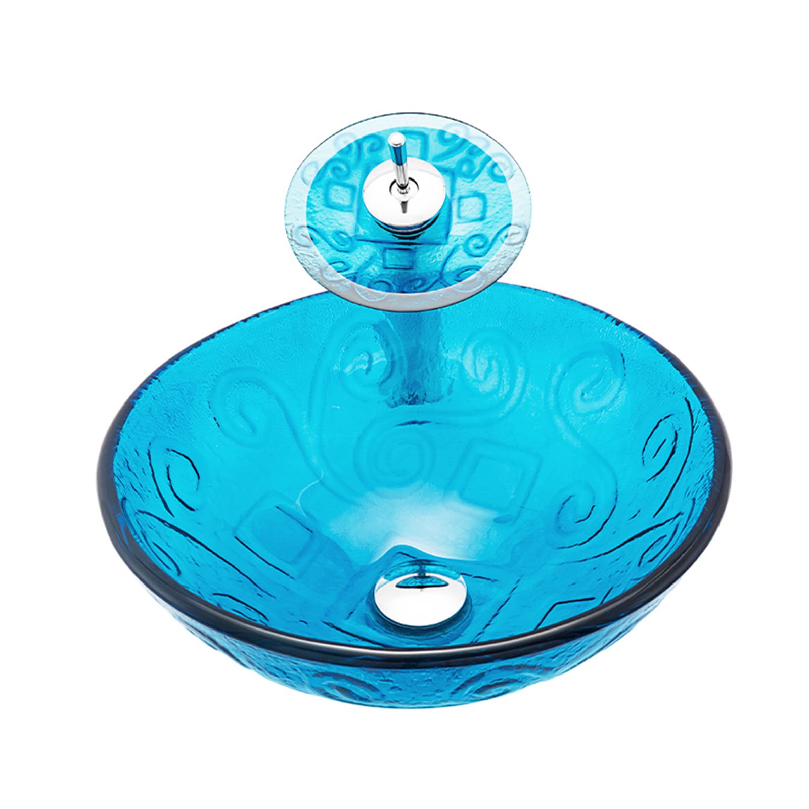 Lavabo de vidrio templado azul cielo redondo con grifo incluido para instalación en encimera