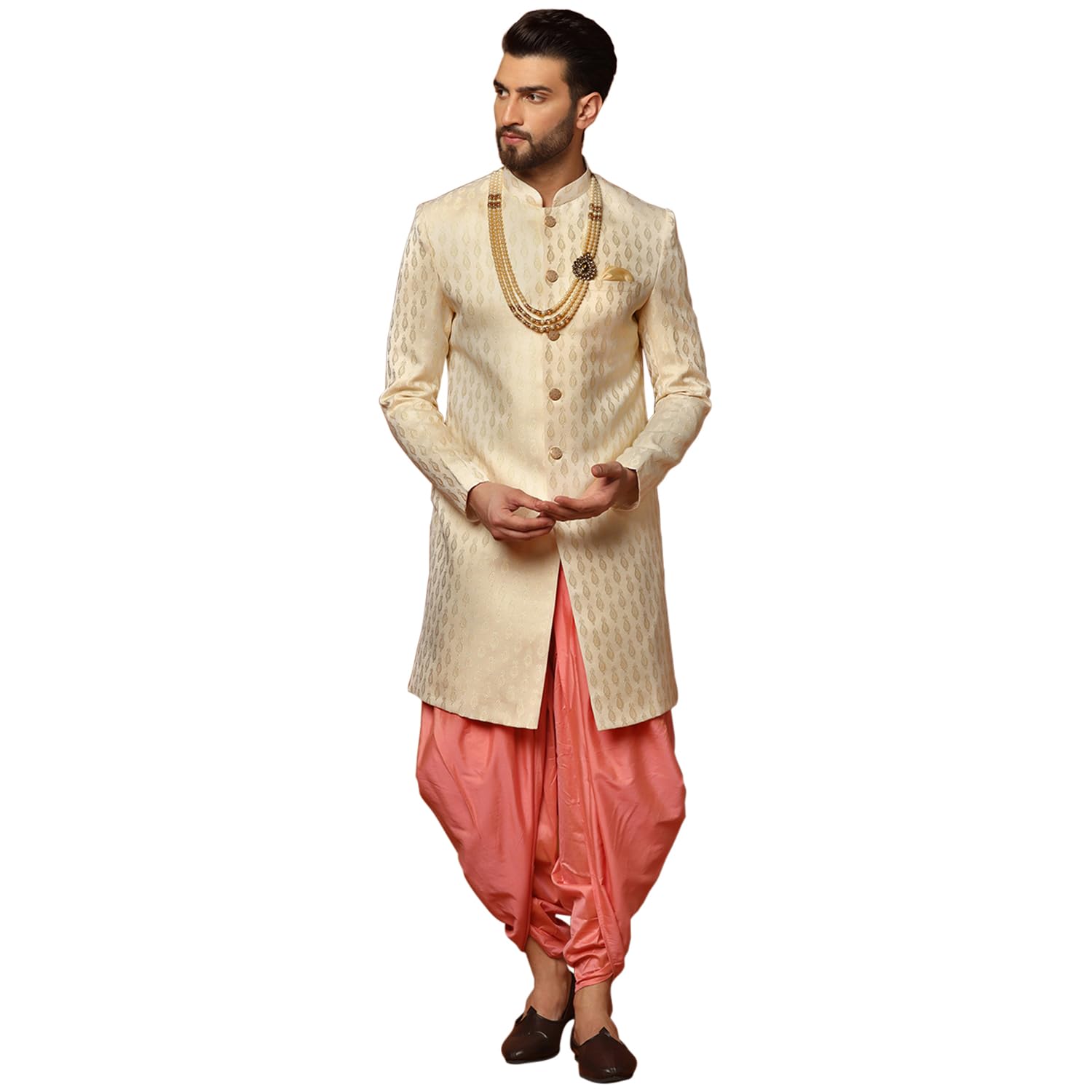 Kisah Men's Cream Sherwani Dhoti Set, Cotton Full Sleaves, Knee Length, Straight, Regular Fit, Mandarin Collar Ethnic Wear