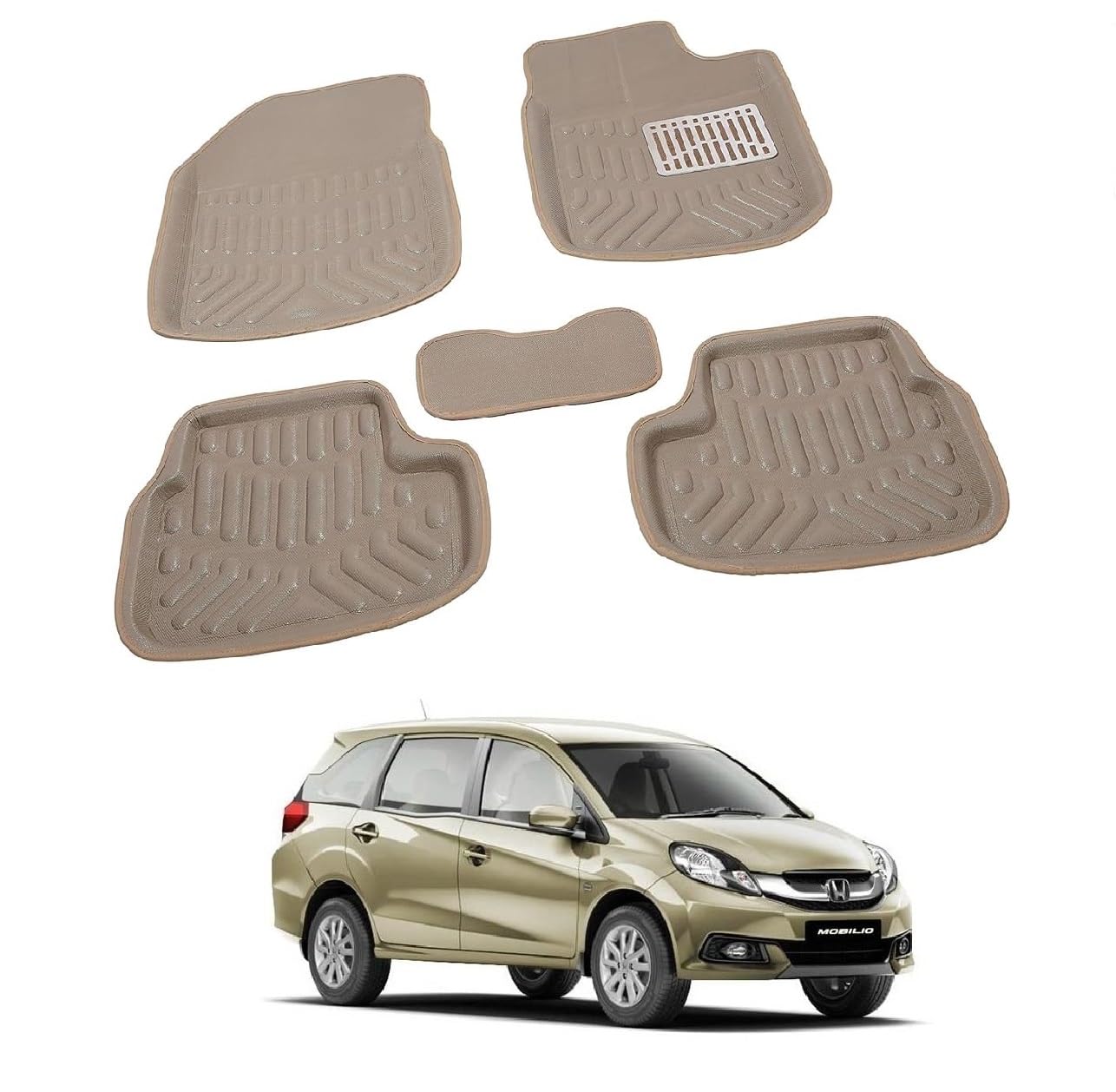 ROSHNEER 3D /4D All-Weather Car Mats, Waterproof Compatible with Honda MOBILO Universal Size Floor Mat, Complete Set of 5 Pcs, Waterproof and Washable, Beige Color
