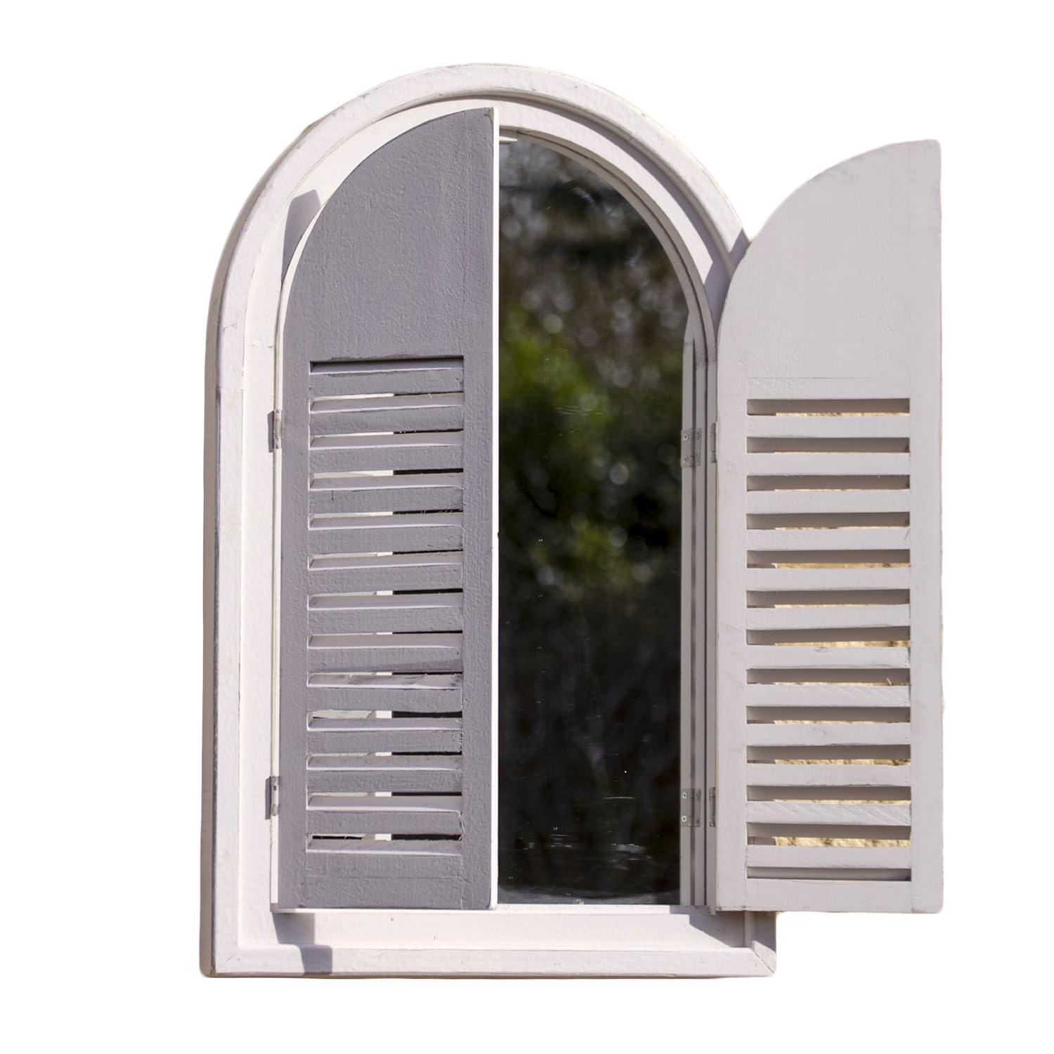 Darthome White Arched Shutter Window Garden Mirror, Outdoor French Country Wall Decor with Louvre Shutters, Wood and Glass, 37x60x5cm