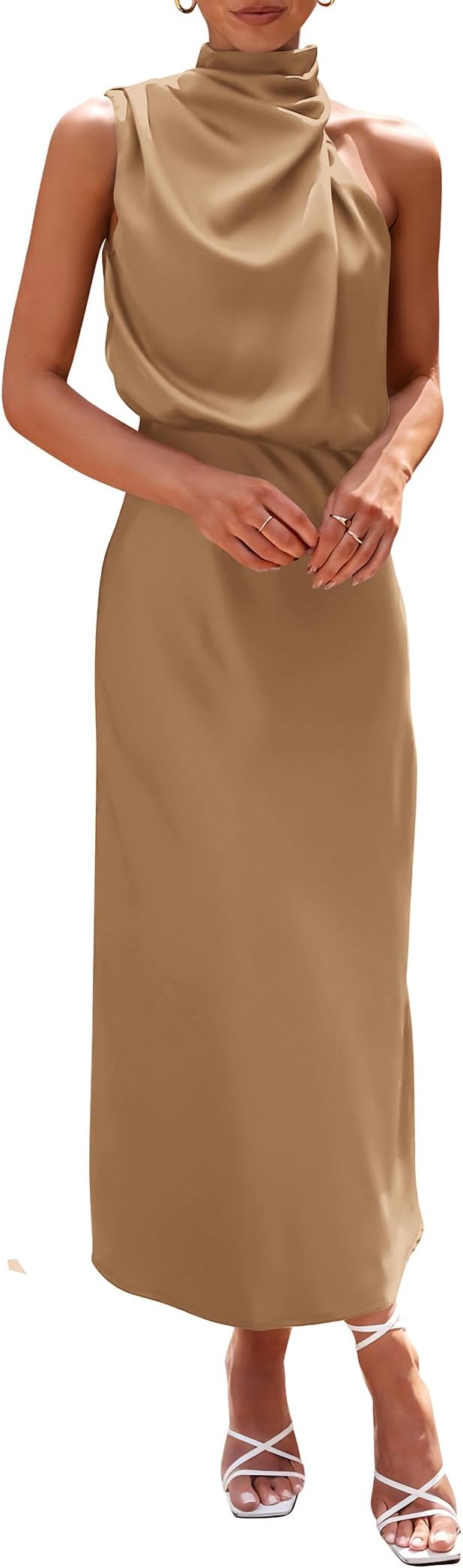 PRETTYGARDEN Women's 2026 Summer Satin Dress Elegant Sleeveless Mock Neck Cocktail Party Maxi Dresses