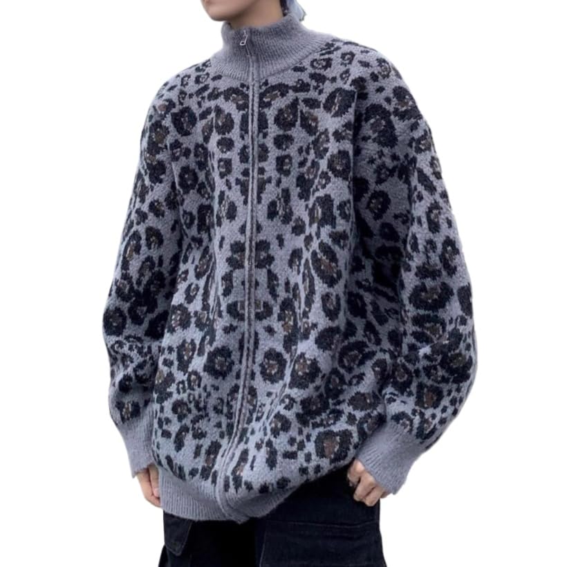 Mens Zip Up Cardigan Sweaters Leopard Print Stand Collar Loose Fit Knitted Long Sleeve Cardigan Sweater Casual
