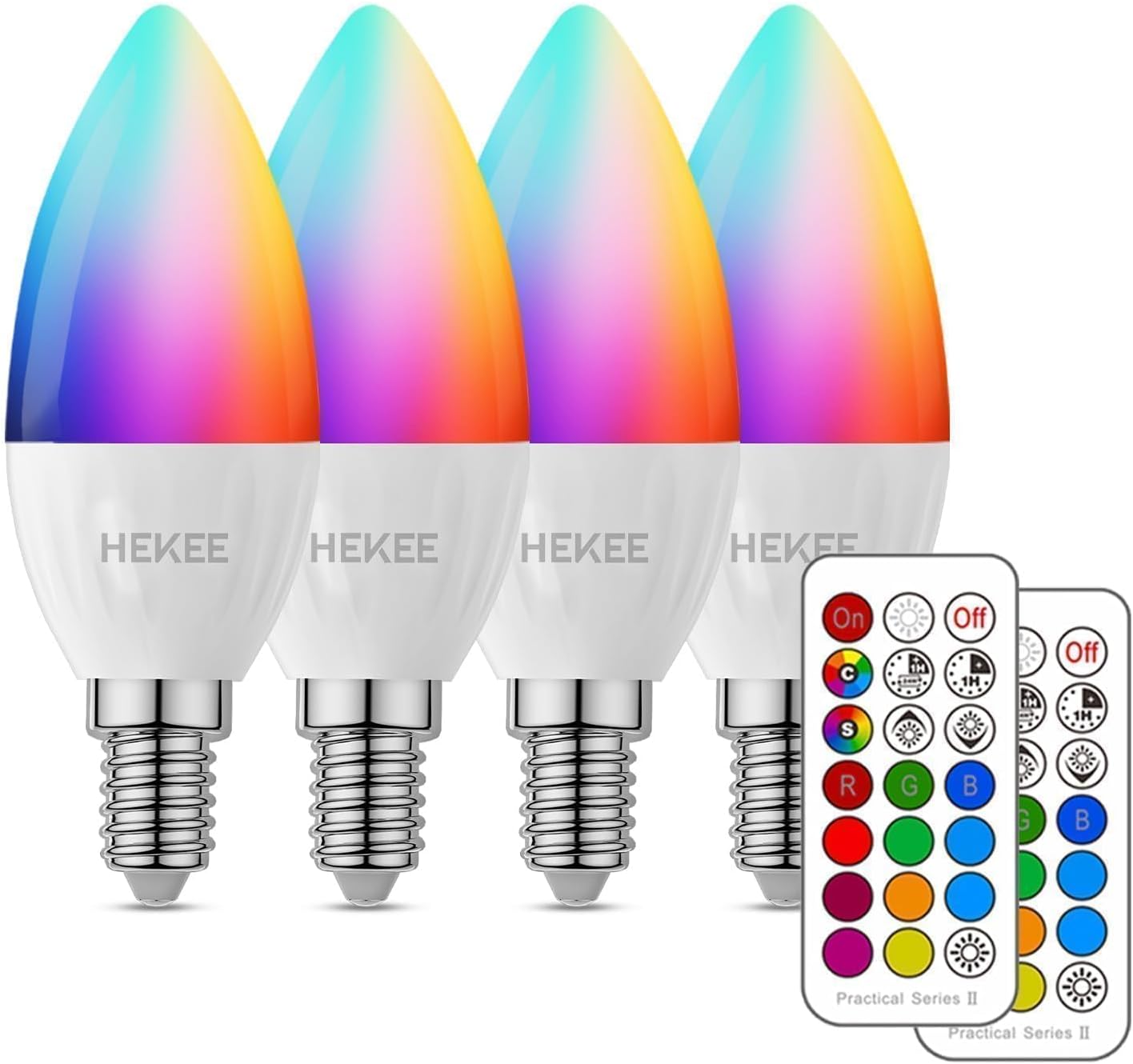 HEKEE E12 Candelabra Light Bulbs, Color Changing Bulb with Remote, Plug-in Only, E12 Base, 12 RGB+2700K Warm White, 40W Equiv (5W), 450LM, Timer, 2 Modes, for Chandelier/Ceiling Fan, 4 Pack