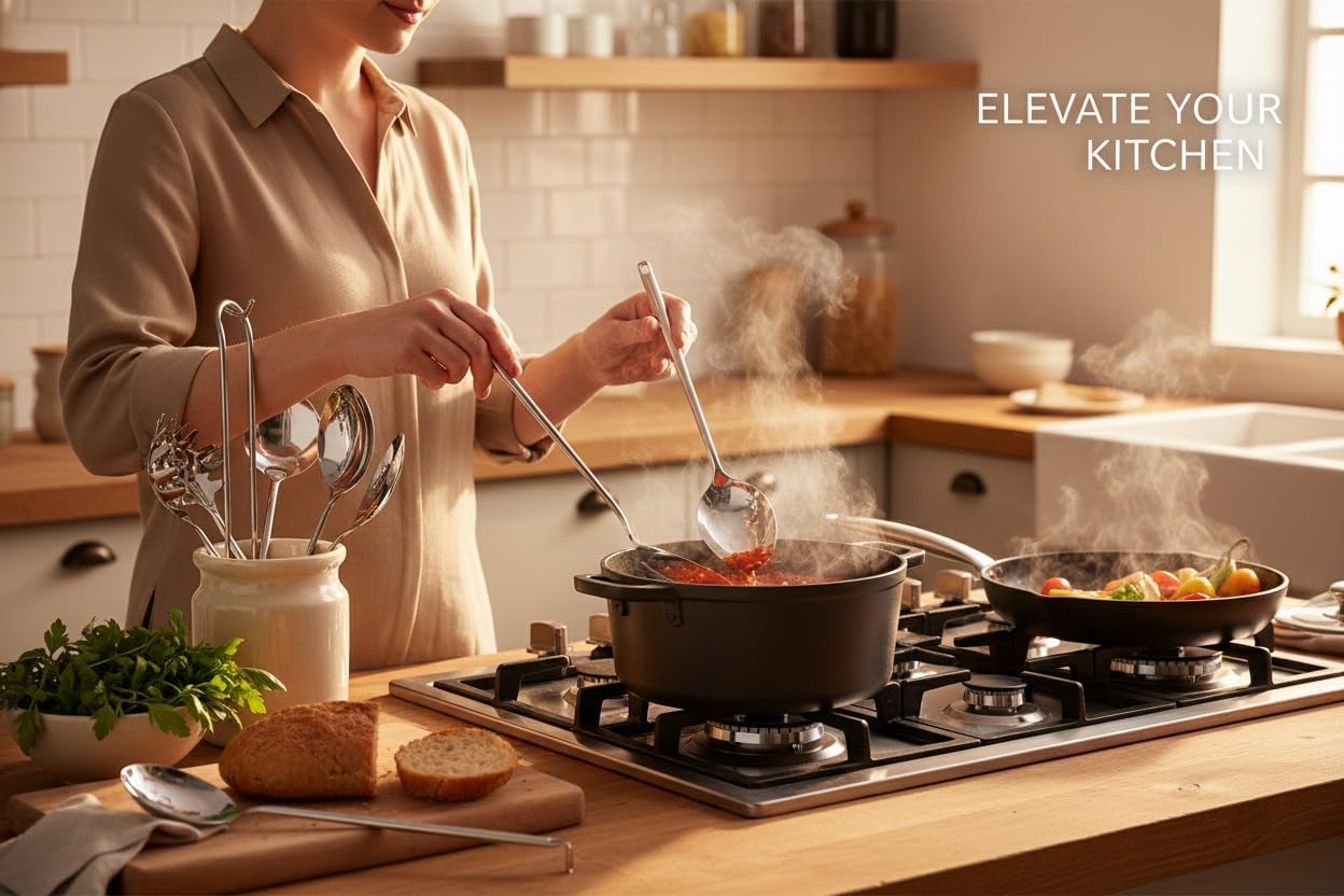 Melvvi Silver Stainless Steel Kitchen Utensils Set – 9-Piece | Non-Toxic, Stronger & Rust-Resistant Spatula, Spoons, Ladle, Slotted Turner, Pasta Server | Valentine Gifts
