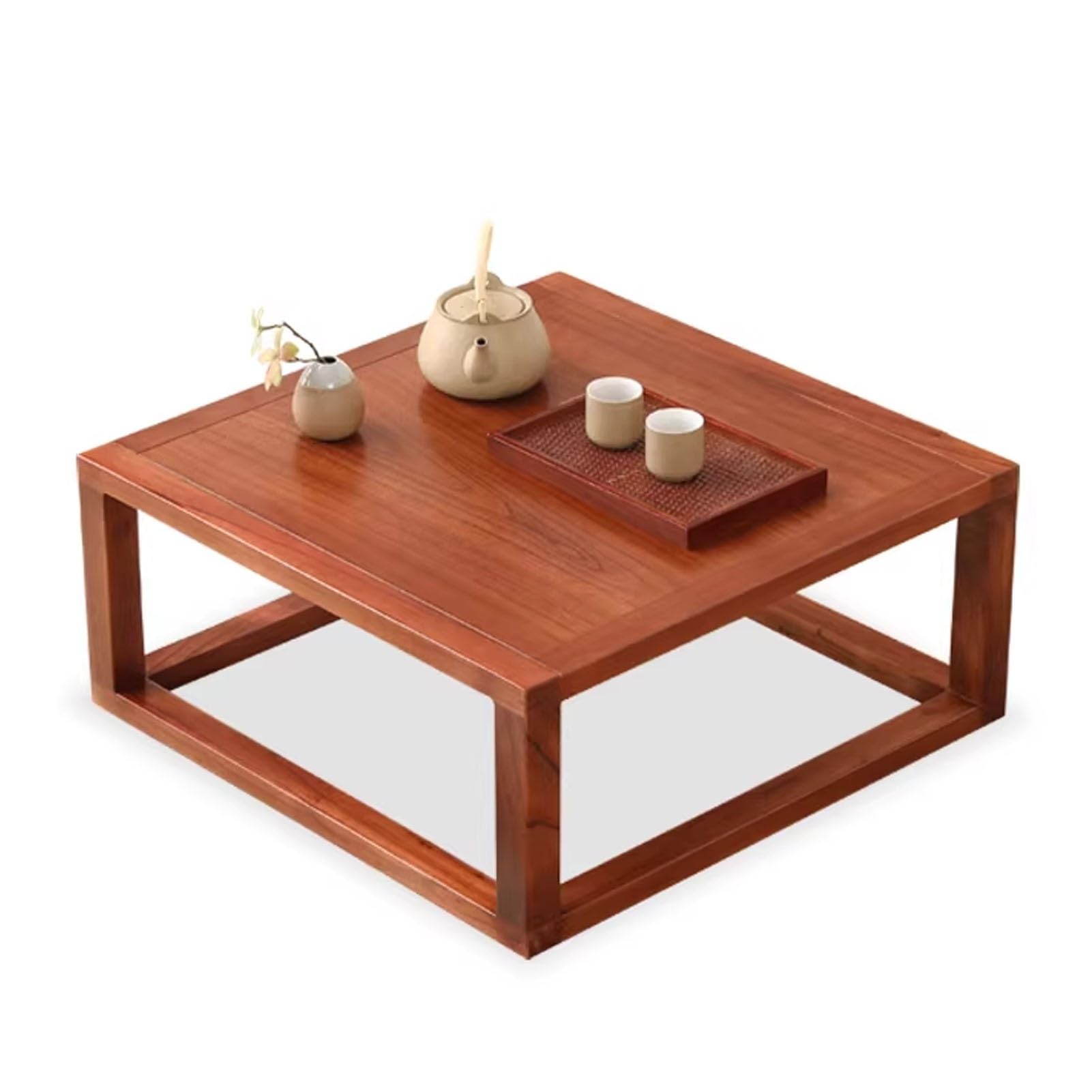Table basse japonaise pour s'asseoir par terre près d'une baie vitrée